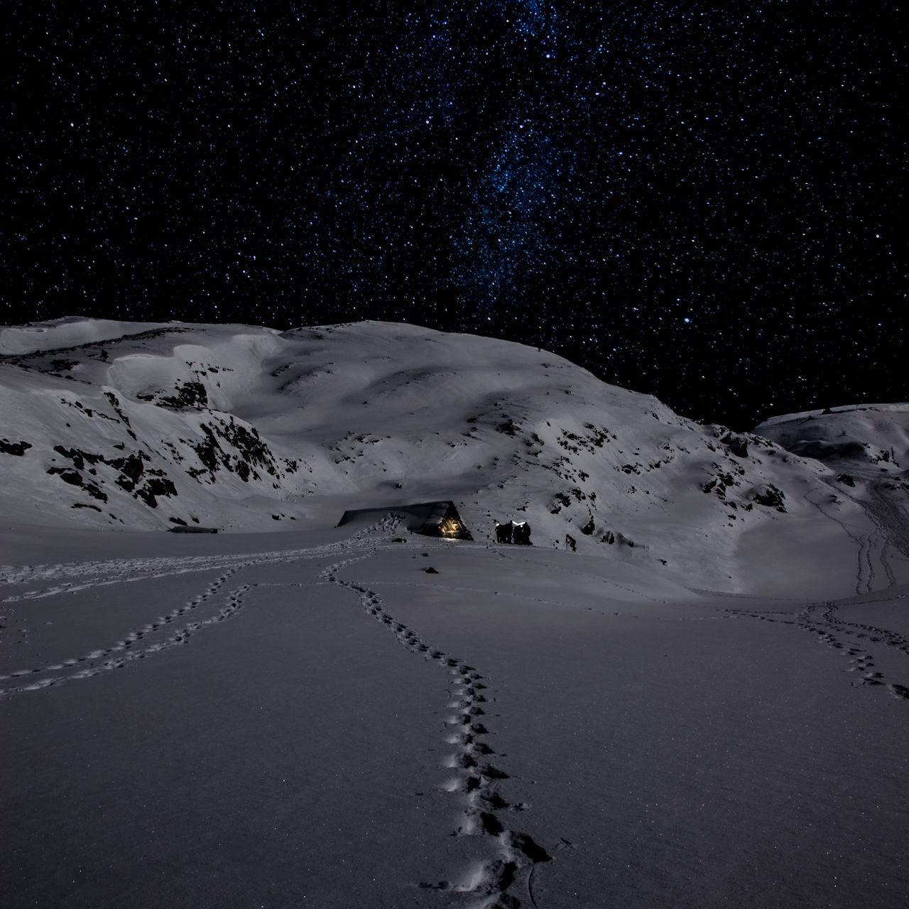 1280x1280 Download wallpaper 1280x1280 night, snow, mountains, footprints, winter ipad, ipad ipad mini for parallax HD background