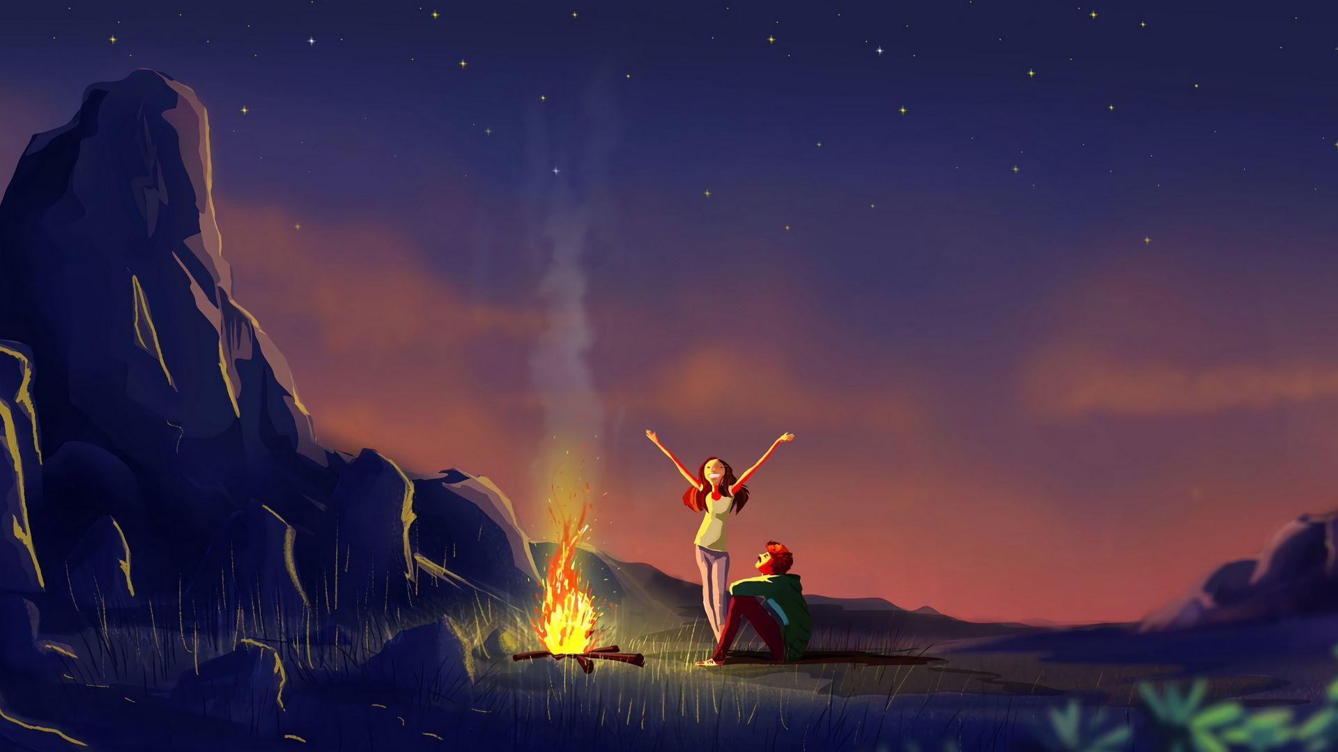 1920x1080 Download wallpaper 1920x1080 couple, bonfire, art, night, camping full hd, hdtv, fhd, 1080p HD background