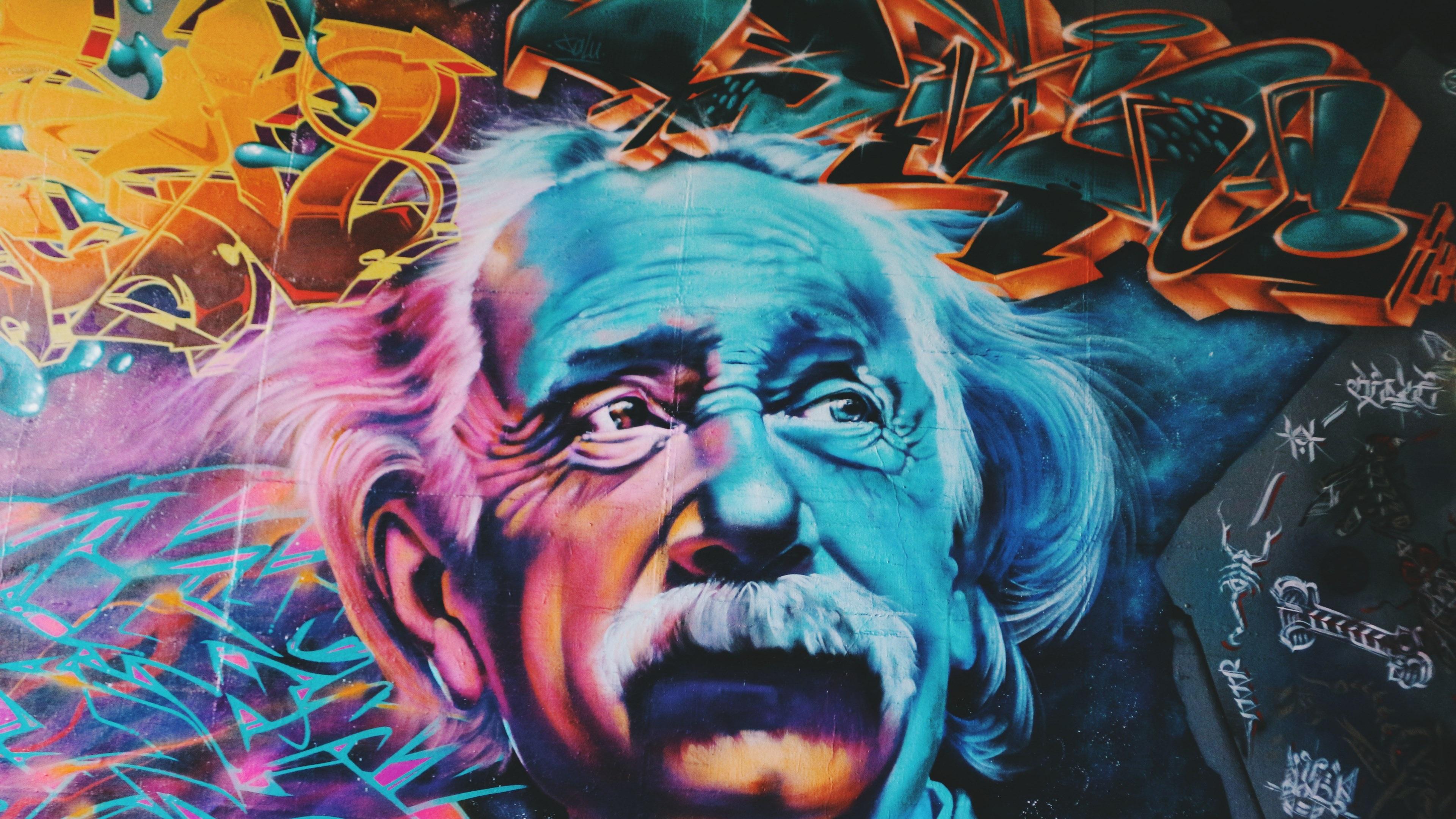 3840x2160 Wallpaper / colorful graffiti art mural of einsteins face with long hair and mustache, albert einstein mural 4k wallpaper free download
