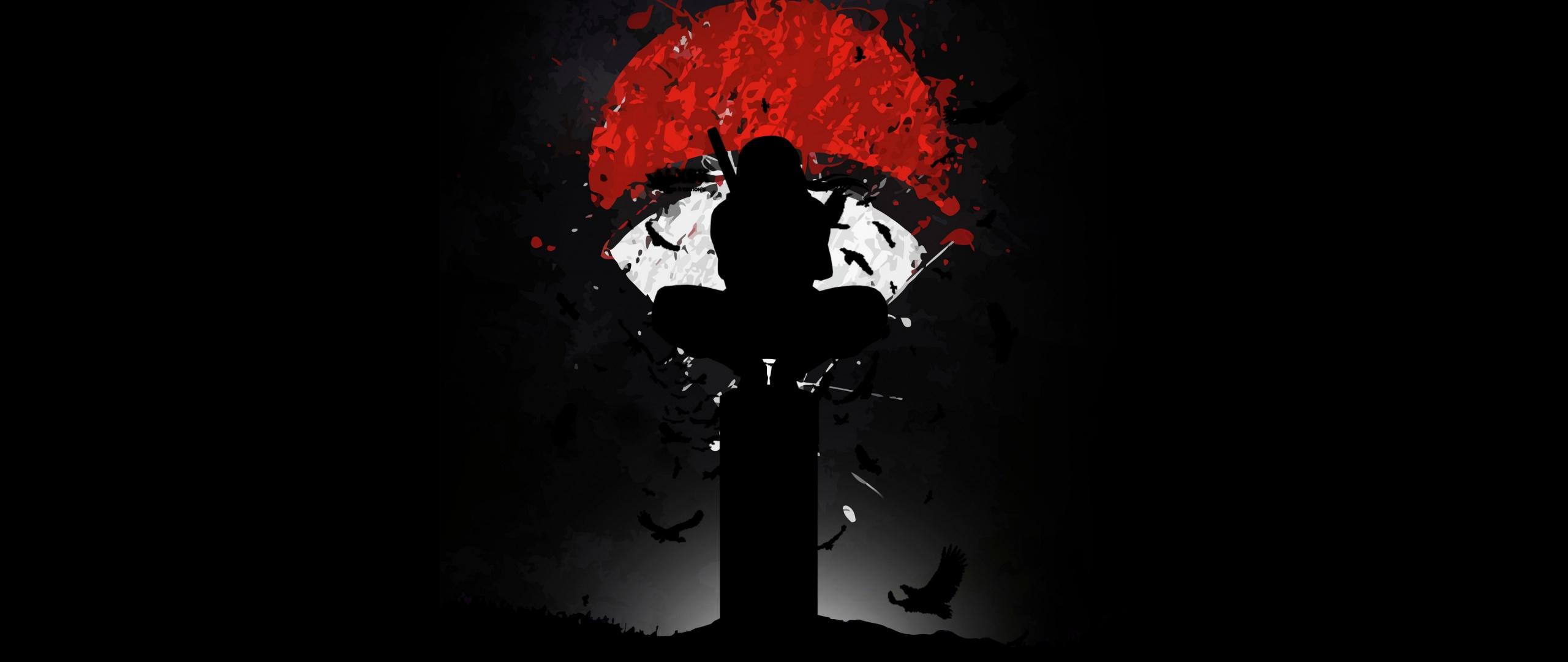 2560x1080 Itachi Uchiha Wallpaper 4K, Naruto, AMOLED, Black Background, Minimal Art, Black Dark