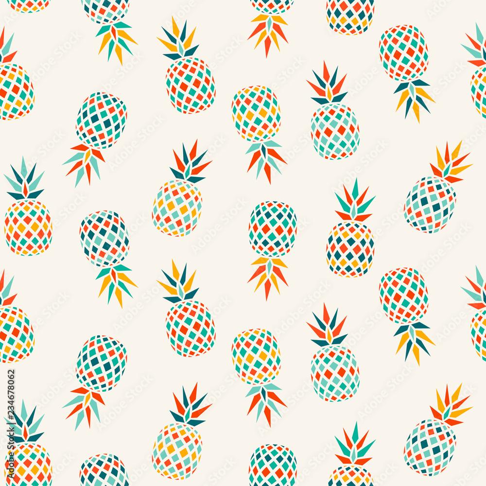 1000x1000 Colorful juicy pineapple pattern in bright colors on light background, seamless vector repeat. Trendy geometric style. Great for summer fabrics, wallpaper, scrapbooking, gift wrapping paper etc. Stock Vector