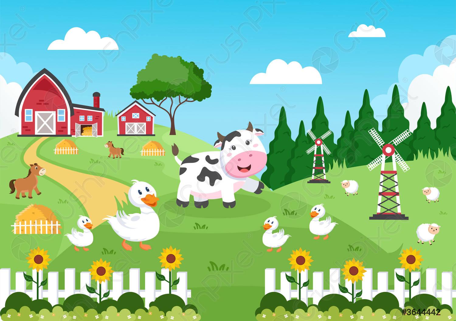 1500x1056 Cute Cartoon Farm Animals Vector Illustration With Cow, Horse, Chicken vector 3644442