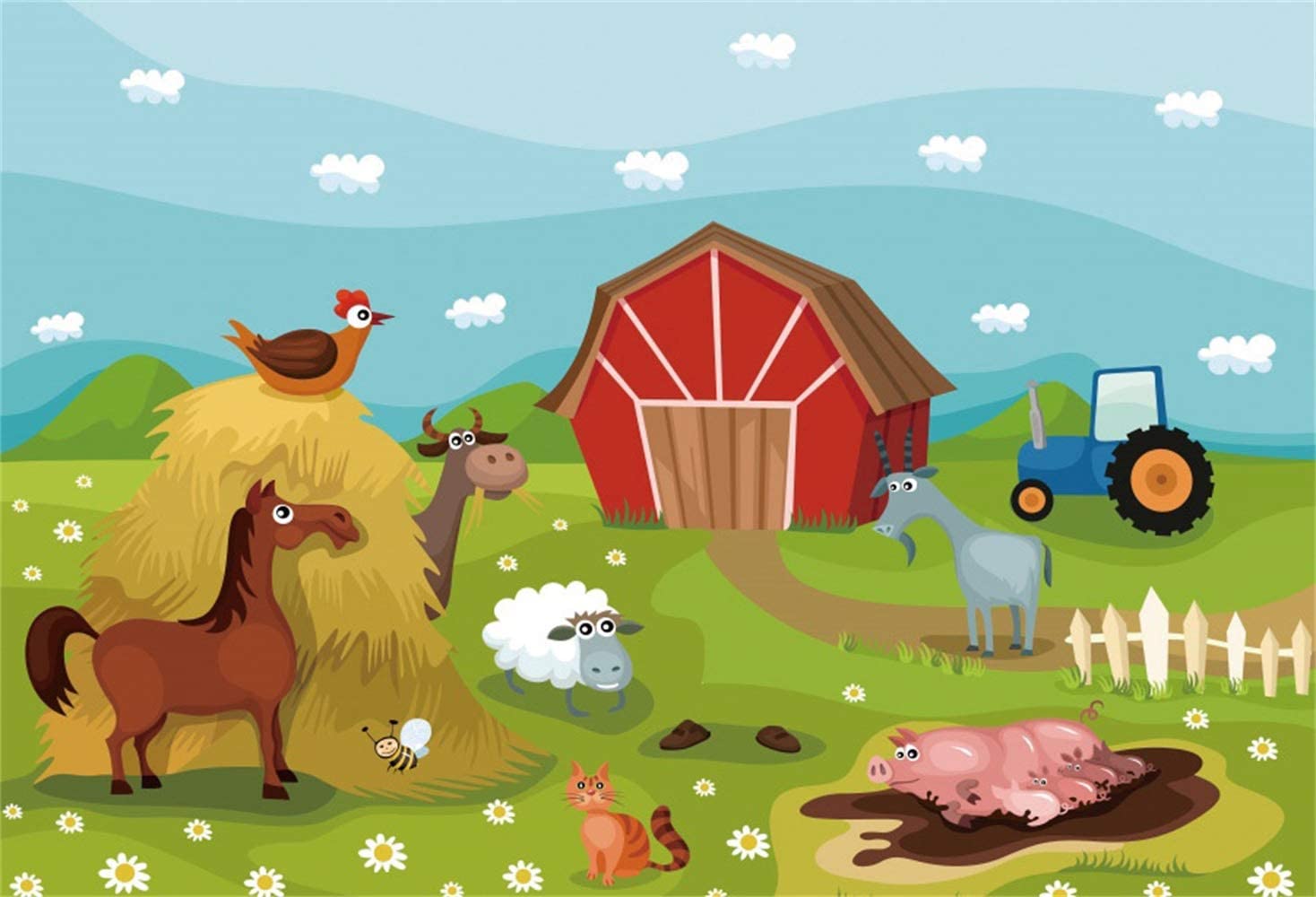 1468x1000 Amazon.com : Leowefowa Cartoon Farm Animals Backdrop Vinyl 10x8ft Farm Grassland Red Barnyard Hayrick Hen Cow Pigs Cat Tractor Photo Background Child Baby Birthday Party Banner Baby Shower Props Wallpaper