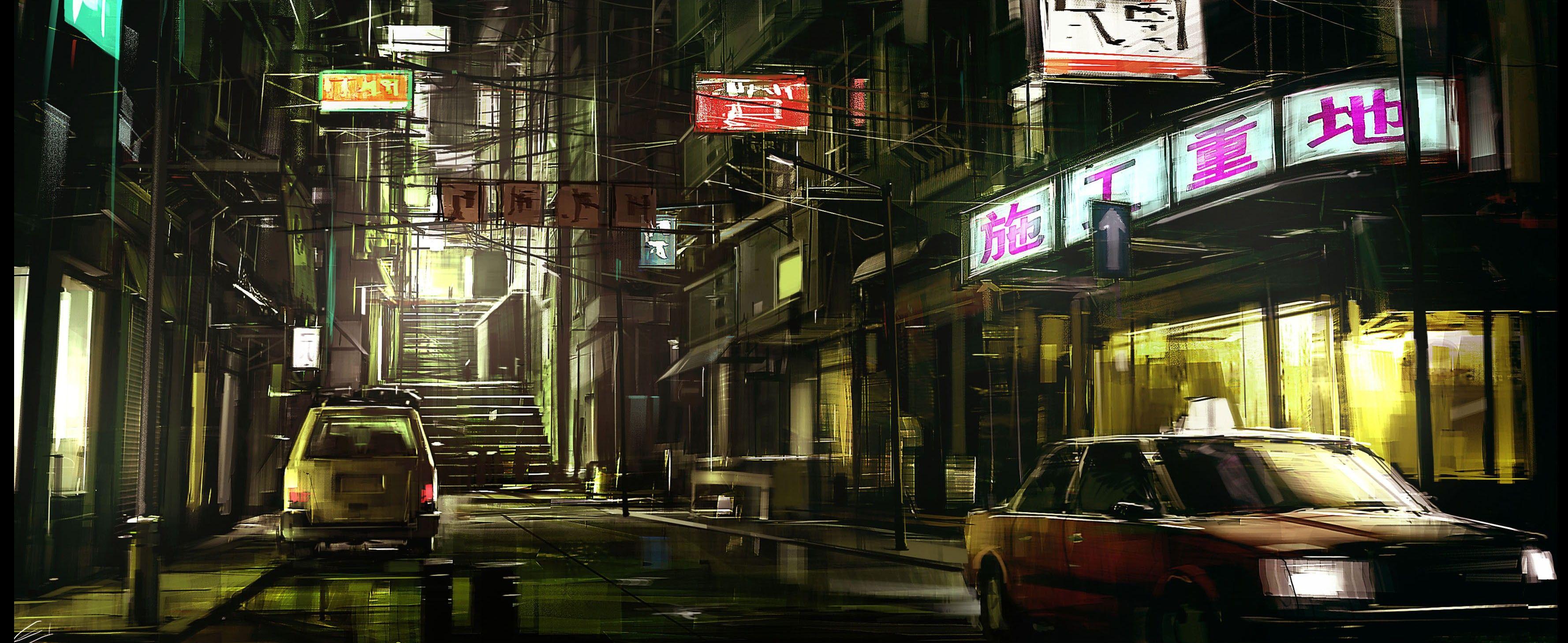 3556x1458 night cityscape japan car artwork street wallpaper and background