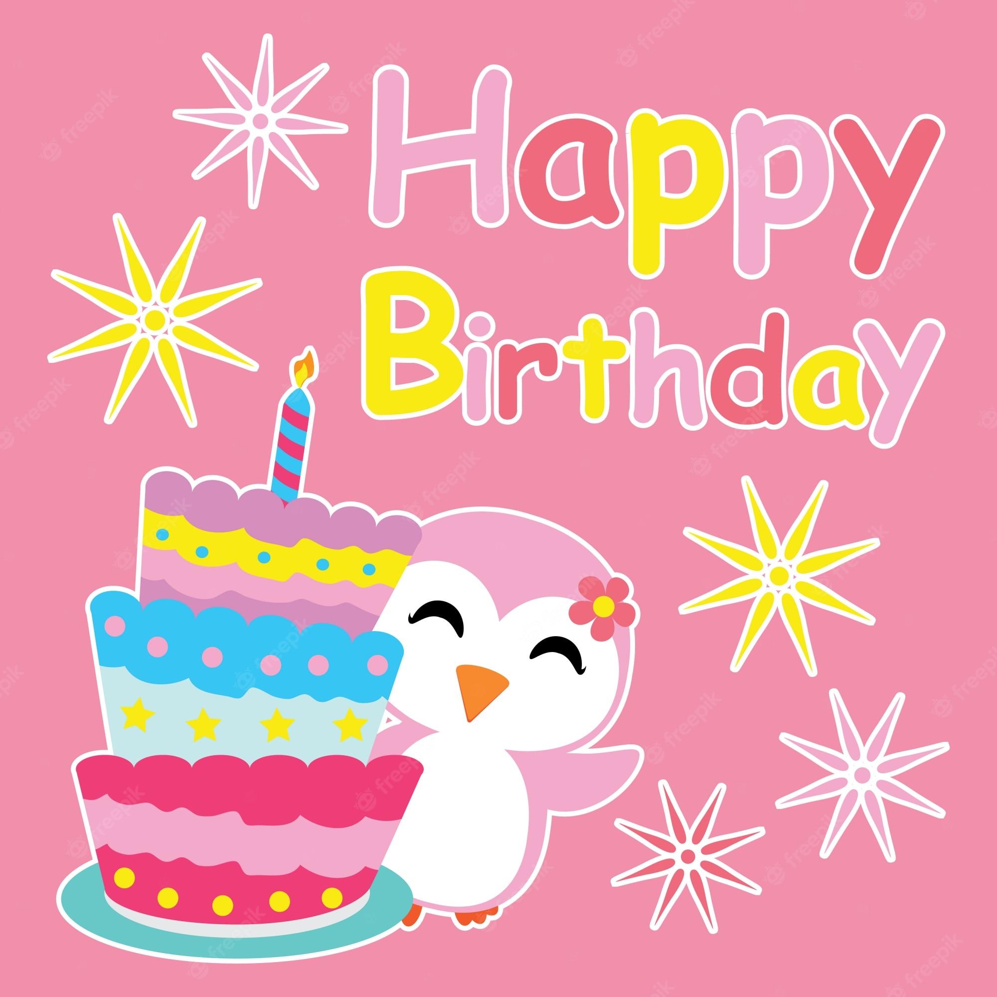 2000x2000 Premium Vector. Cute Penguin Girl Smiles Beside Birthday Cake Vector Cartoon, Birthday Postcard, Wallpaper, And Greeting Card, T Shirt Design For Kids