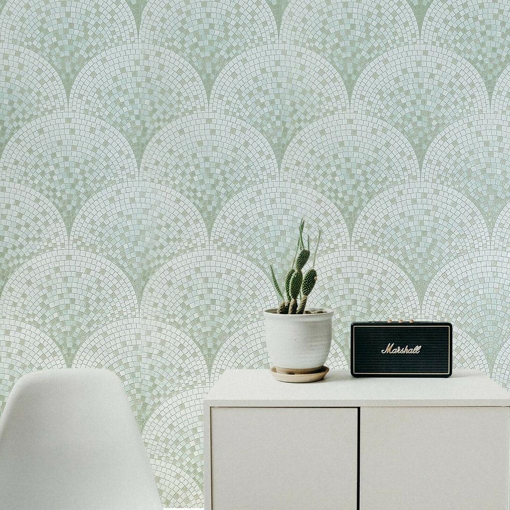 1024x1024 WMBA22004501 Mint green white tan faux Scale mosaic tiles Wallpaper