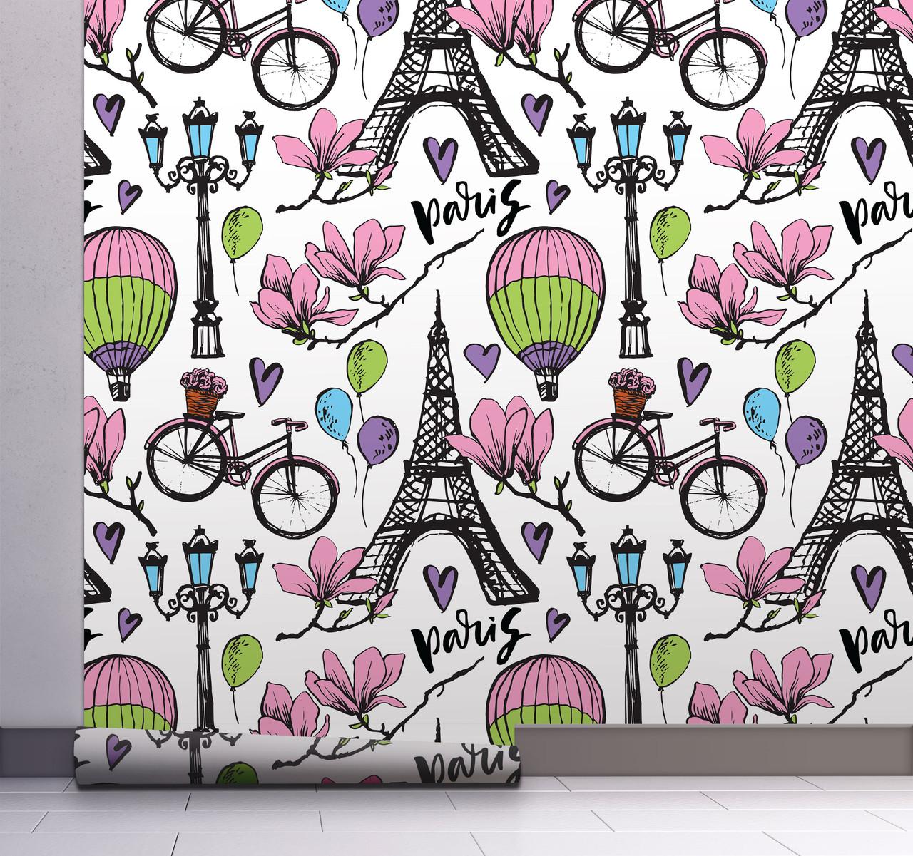 1280x1201 GW5201 Grace & Gardenia Paris Balloons & Flowers Peel and Stick Wallpaper Roll 20.5 inch Wide x 18 ft. Long, Pink Purple Black Green Savvy Decorator