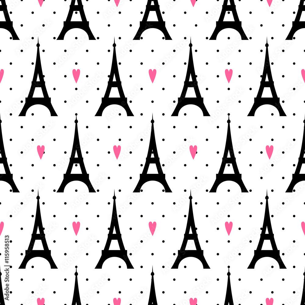 1000x1000 Tour Eiffel with pink hearts seamless pattern on polka dot background. Paris symbols vector illustration. Romantic travel in Paris. Design for textile, wallpaper, web, fabric and decor. Stock Vector