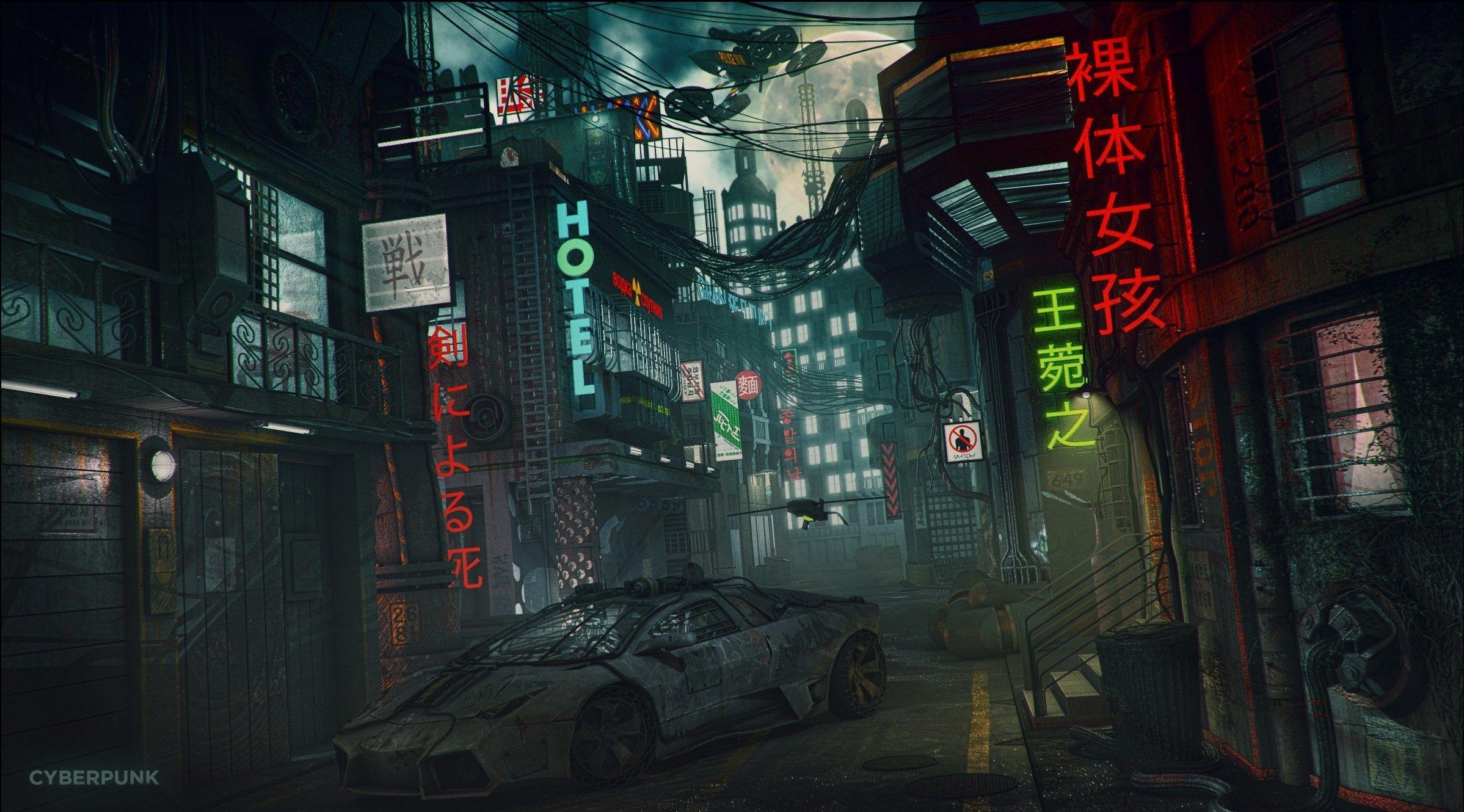 2397x1330 Japan Street At Night Photography wallpaper. travel and world
