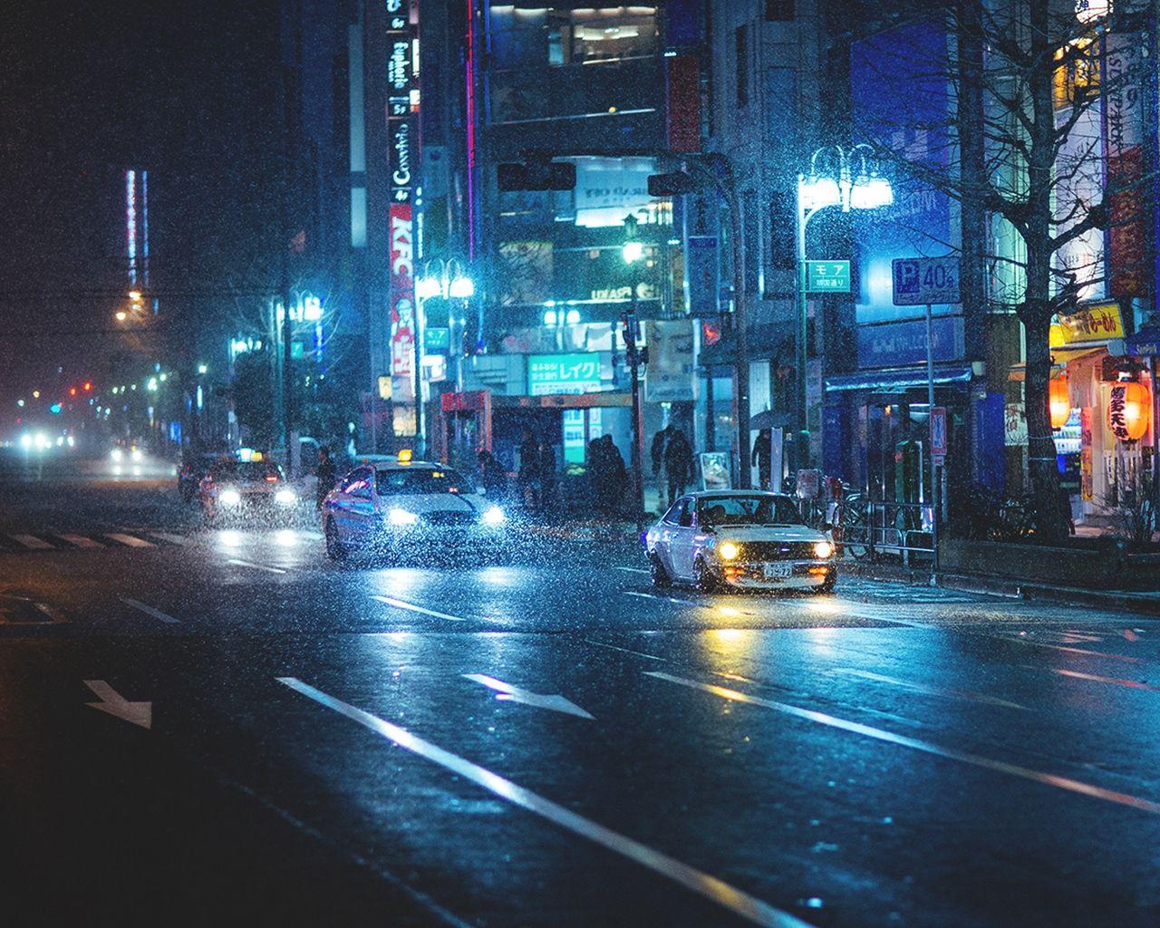 1280x1024 Download wallpaper 1280x1024 japan, street, datsun, night, rain