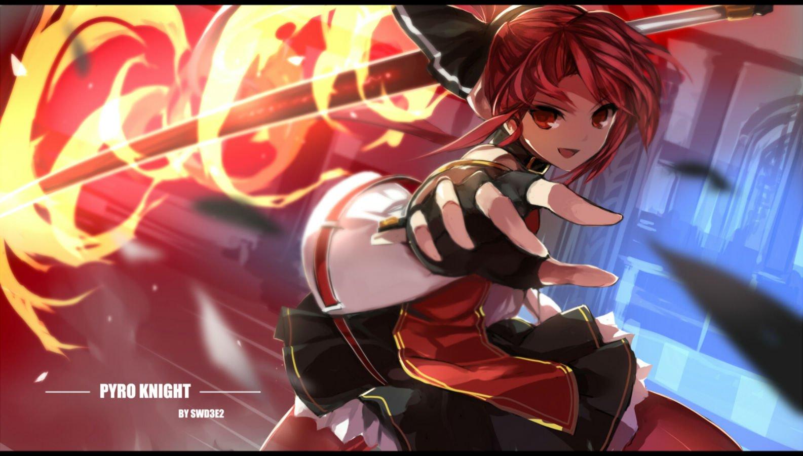 1585x900 Bow choker collar dress elesis (elsword) elsword fire gloves pantyhose red eyes red hair staff swd3e2 watermark wallpaperx900