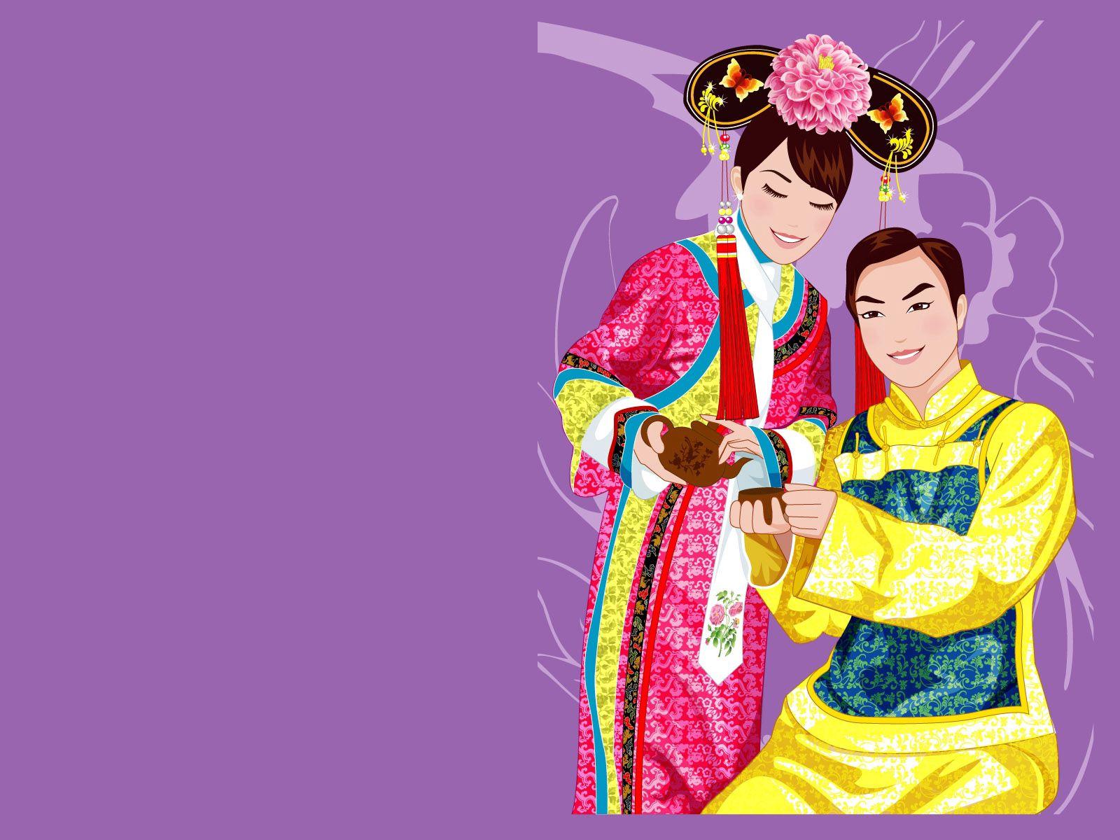 1600x1200 Mobile wallpaper: Vector, Couple, Pair, Smile, Girl, Guy, China, Tea Drinking, Tea Party, Costume, 132121 download the picture for free