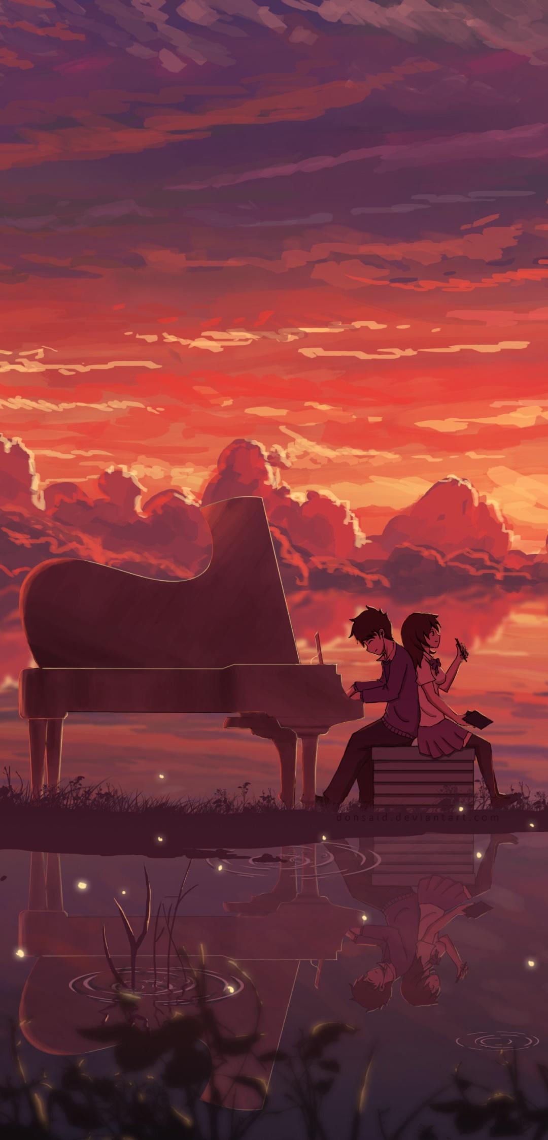 1080x2246 Wallpaper / Anime Couple Phone Wallpaper, Cloud, Sunset, Piano, 1080x2246 free download