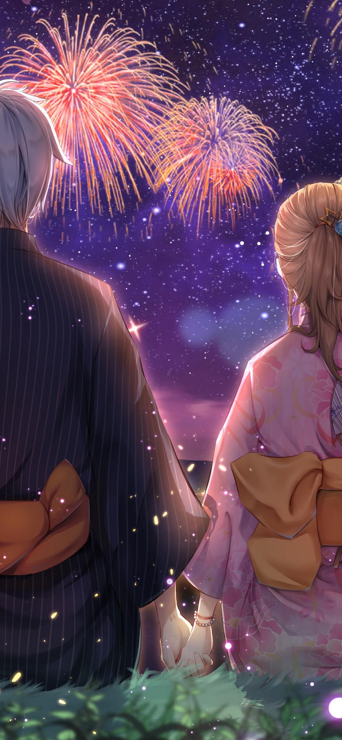 1170x2532 Anime Couple Fireworks Kimono Phone iPhone 4K Wallpaper free Download