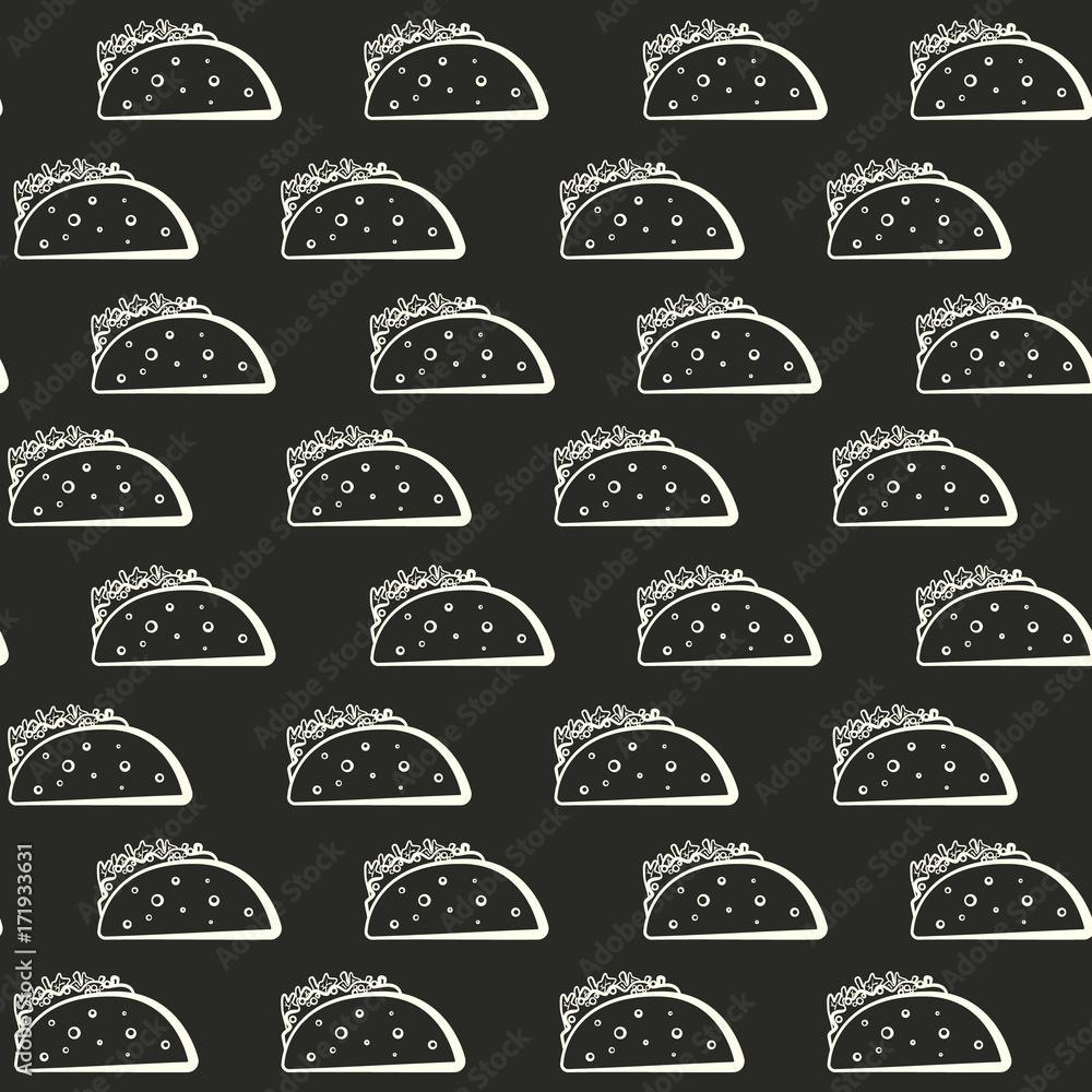 1000x1000 Monochrome vector taco seamless pattern. Linear white tacos on black background texture for fast food restaurant or cafe menu design, cover, banner, wallpaper, wrapping paper Stock Vector