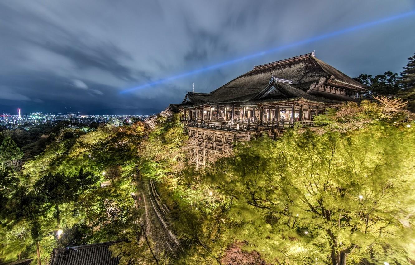 1332x850 Wallpaper Trees, Japan, Hdr, Panorama, Temple, Japan, Night City, Kyoto, Kyoto, Kiyomizu Dera, Kiyomizu Dera Image For Desktop, Section город