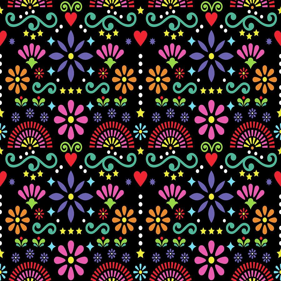 900x900 Mexican folk art seamless pattern, colorful design with flowers wallpaper inspired by traditional designs from Mexico. Happy flowers and abstract shapes ornament, retro background Drawing by Julien. Fine Art America