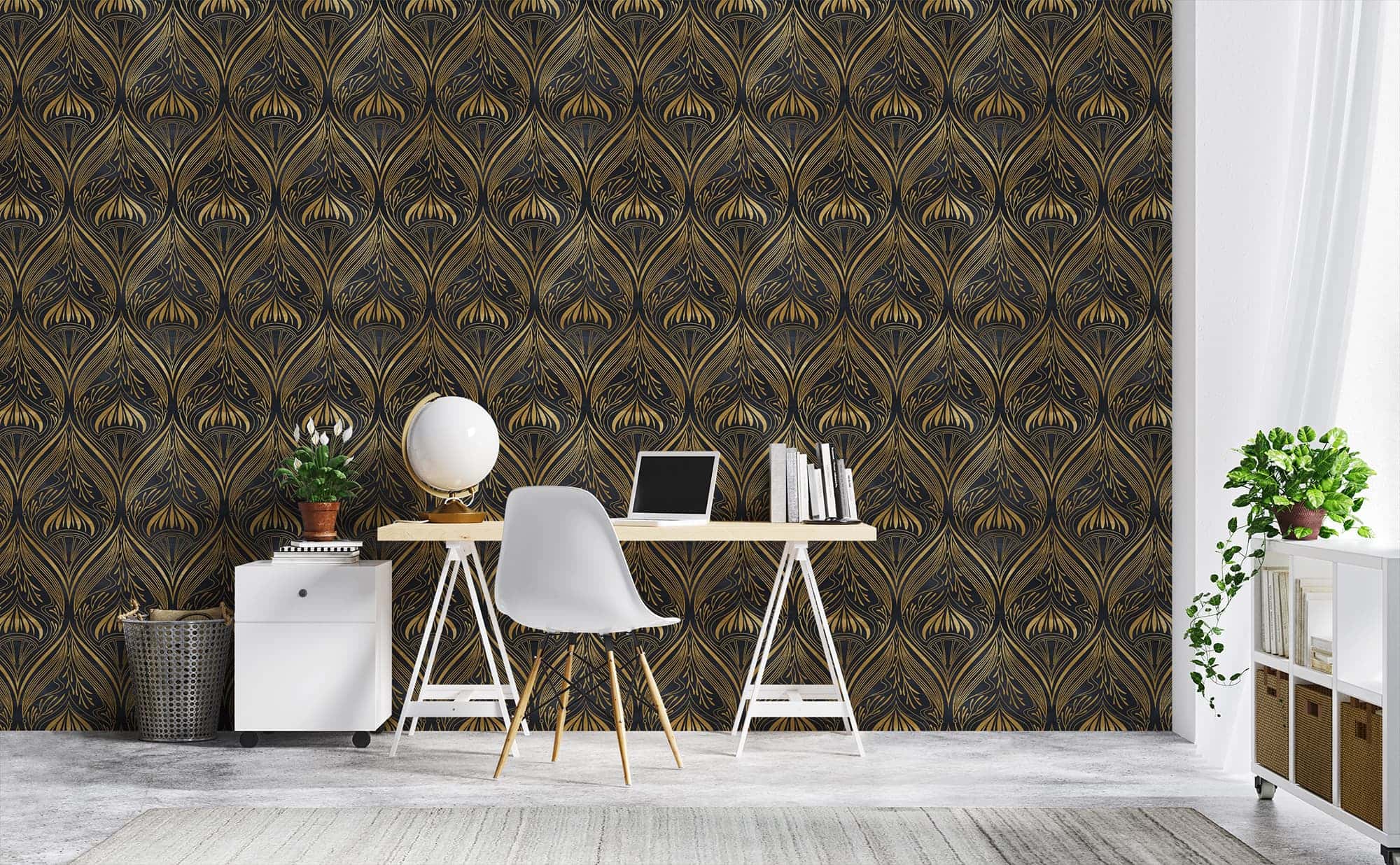 2000x1236 Marbled black and gold leaf art deco Pattern Wallpaper for Walls. Erte in Gold