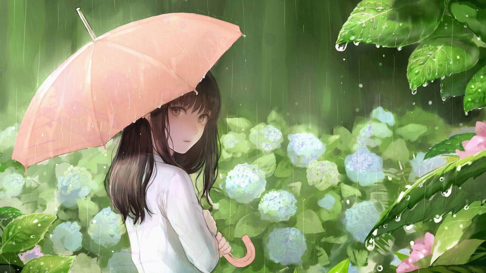 1920x1080 Wallpaper Flowers, Green, Anime Girl, Rainy Day, Anime Art