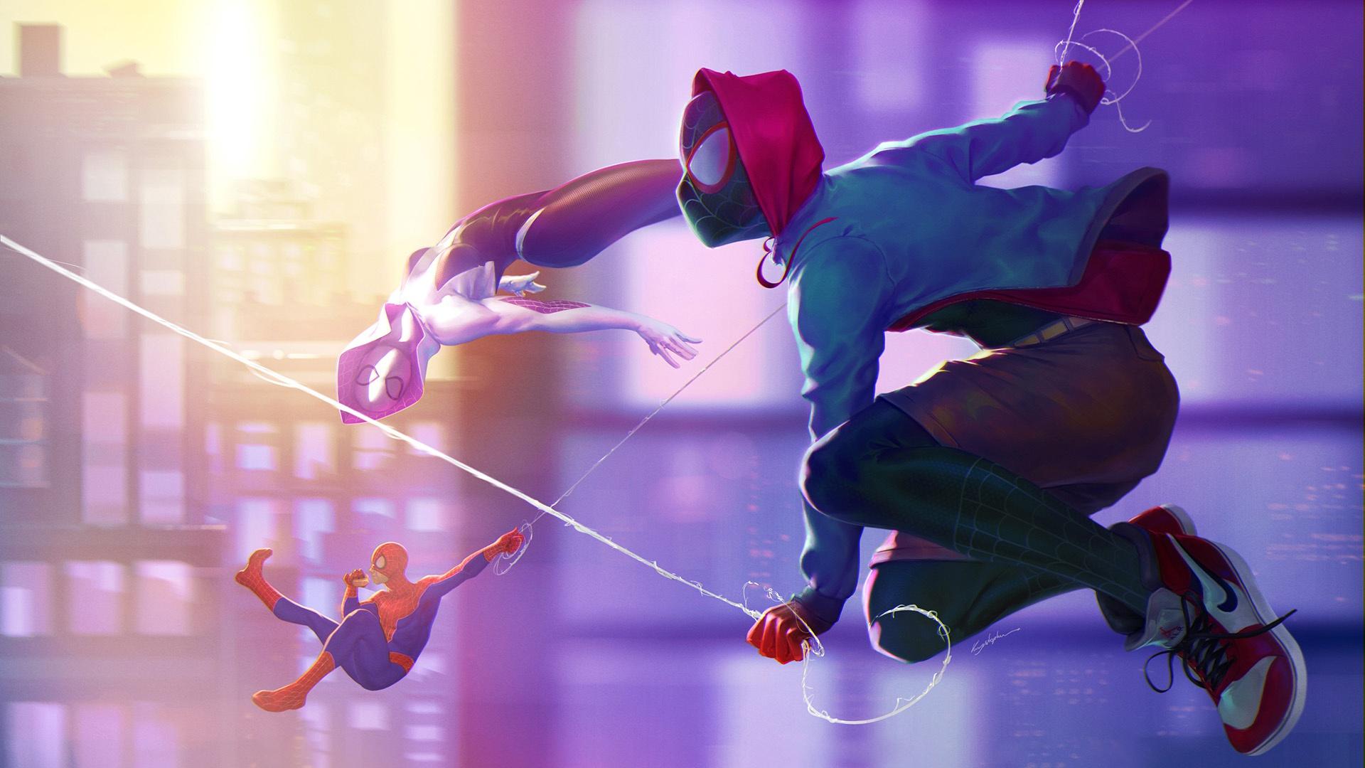 1920x1080 Peter Parker, Gwen Stacy, Miles Morales, Spider Man, Artwork, Superhero, Spider Gwenx1080 Wallpaper