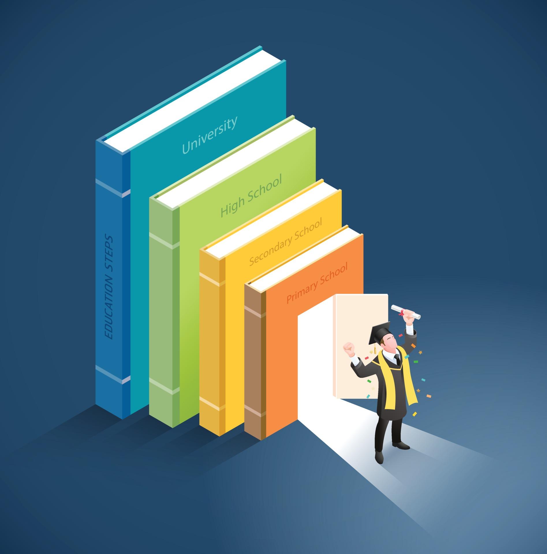 1895x1920 Graduate with diploma roll standing in front of door in books. Vector isometric illustration