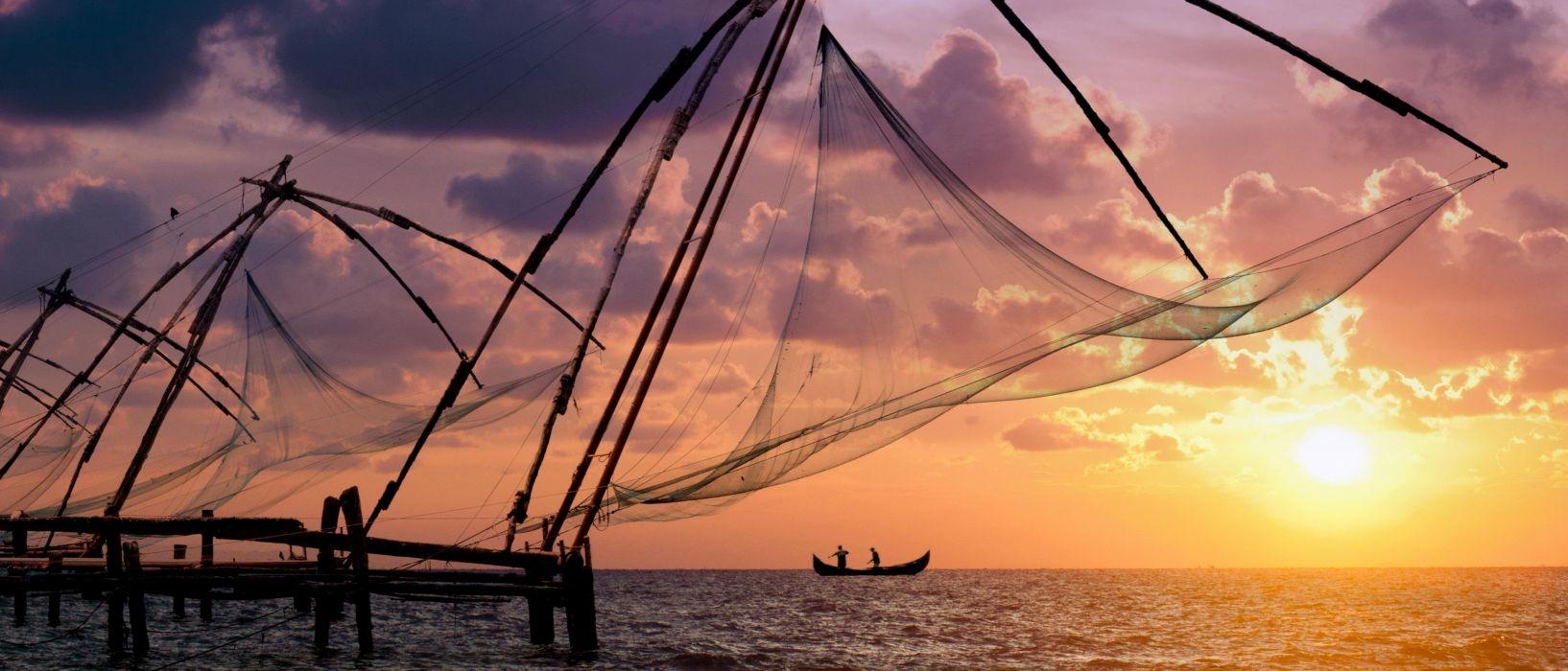1634x700 Kochi Kerala Blues Back Water Lagoons Sunset Beach Ship Channels Chinese Nets Skyscraper water city (1) wallpaperx1800