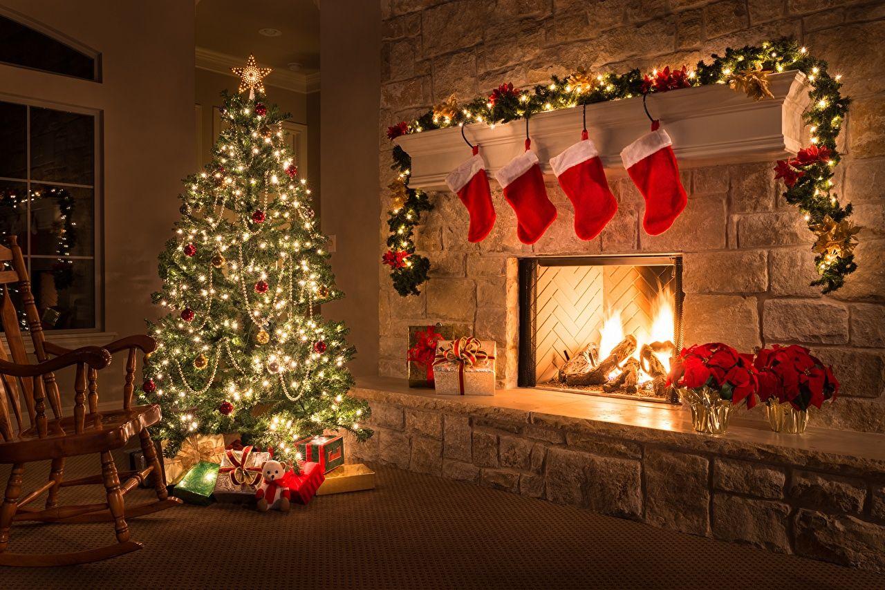 1280x854 Wallpaper Christmas Socks New Year tree Fireplace Fairy lights