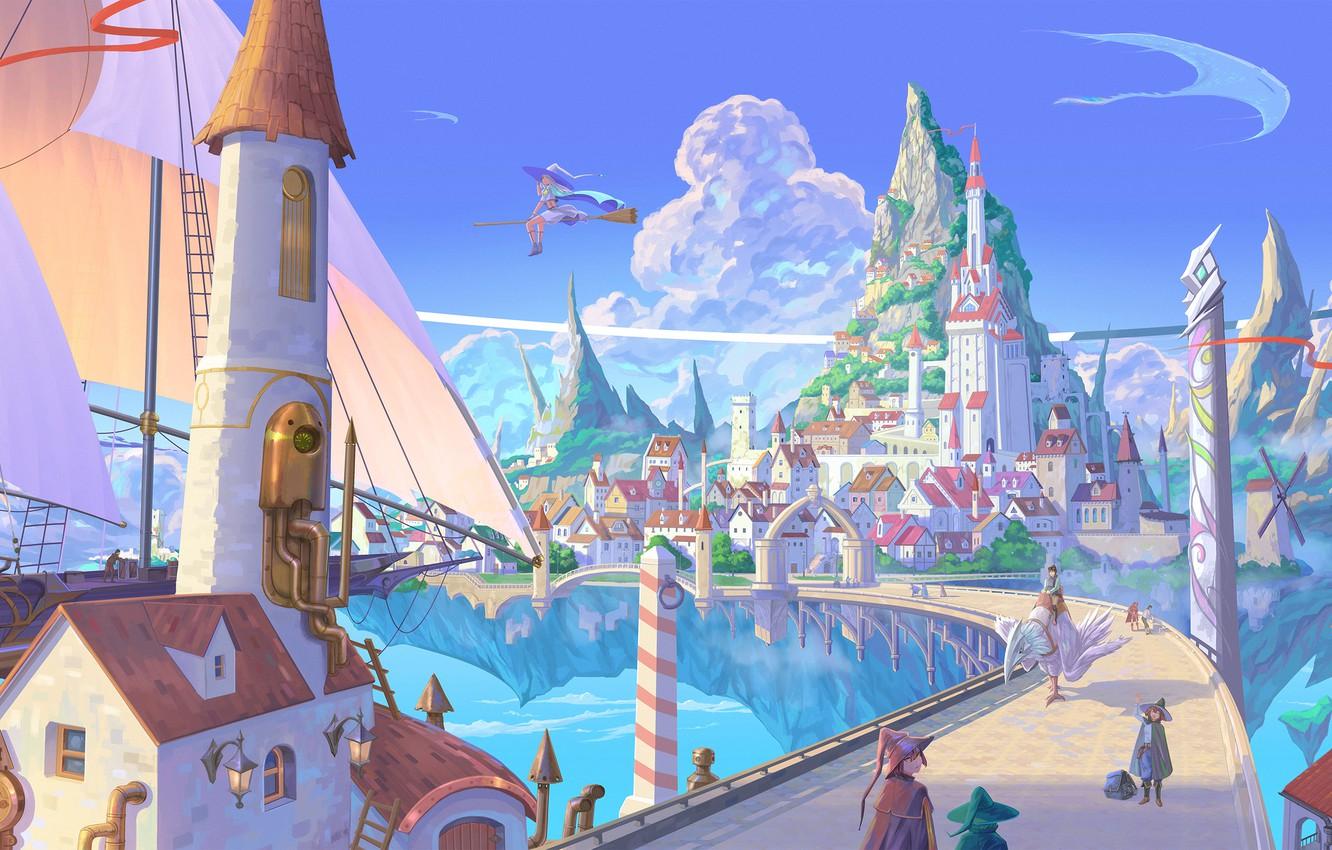 1332x850 Wallpaper the city, ship, fantasy, witch, broom, floating island image for desktop, section арт