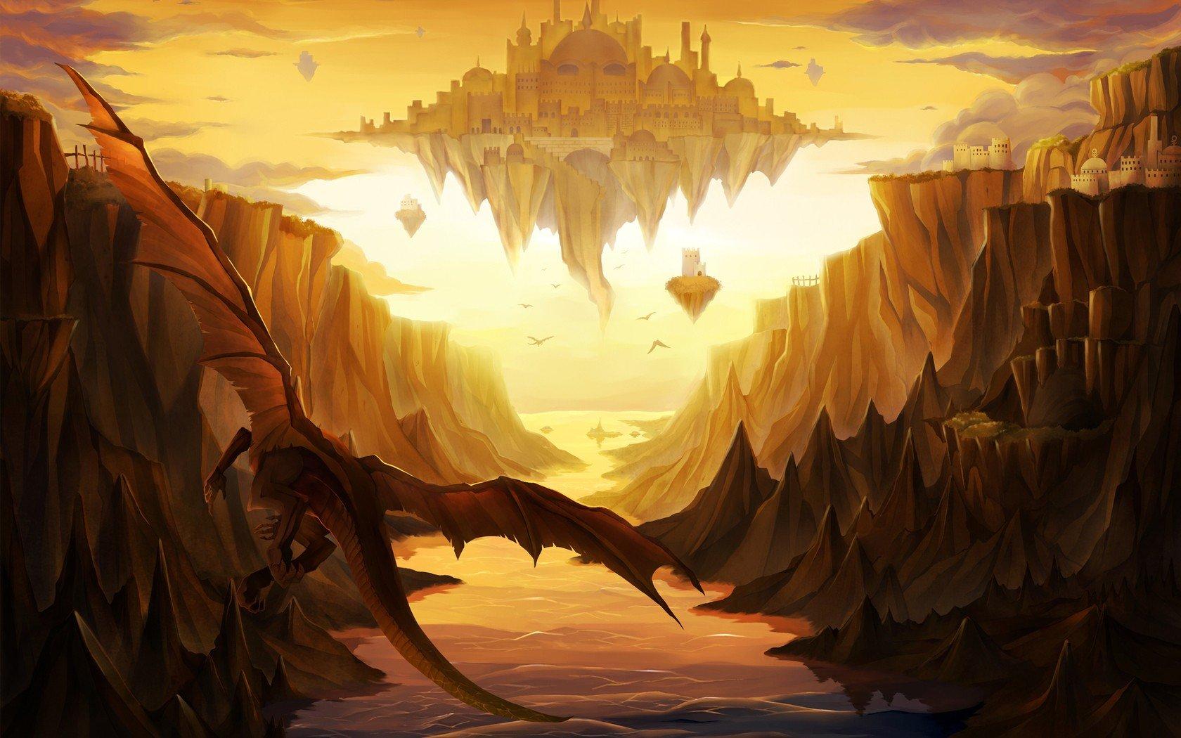 1680x1050 castles, Dragons, Valleys, Rocks, Fantasy, Art, Floating, Islands Wallpaper HD / Desktop and Mobile Background