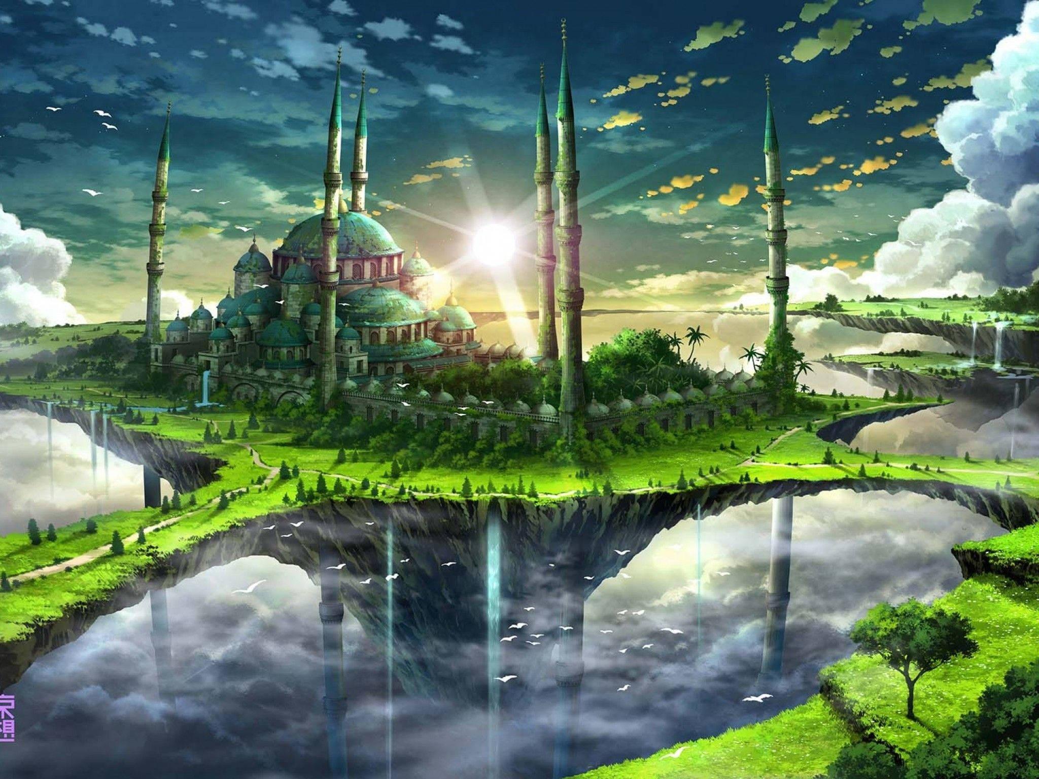 2048x1536 Download Green Coloured Temple Floating Island Wallpaper