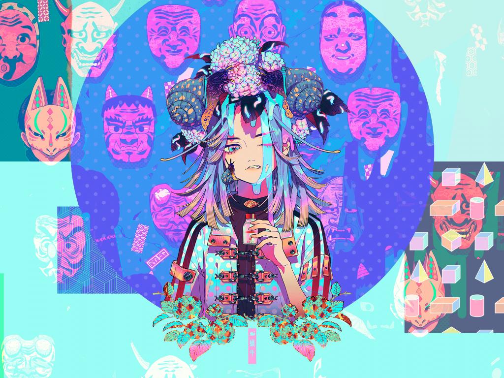 1024x768 Anime, masks, glitch art, aki akane, art wallpaper, HD image, picture, background, 338ee4