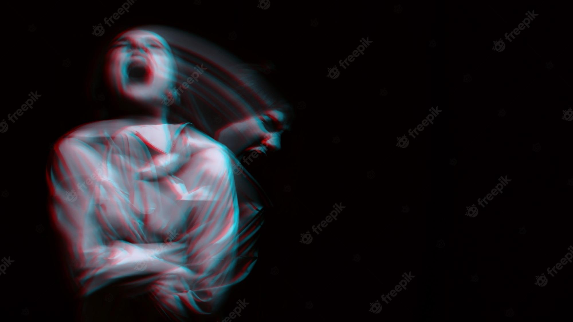 2000x1125 Premium Photo. Blurry portrait of a psychopathic girl with schizophrenic mental disorders on a dark background. black and white with 3D glitch virtual reality effect