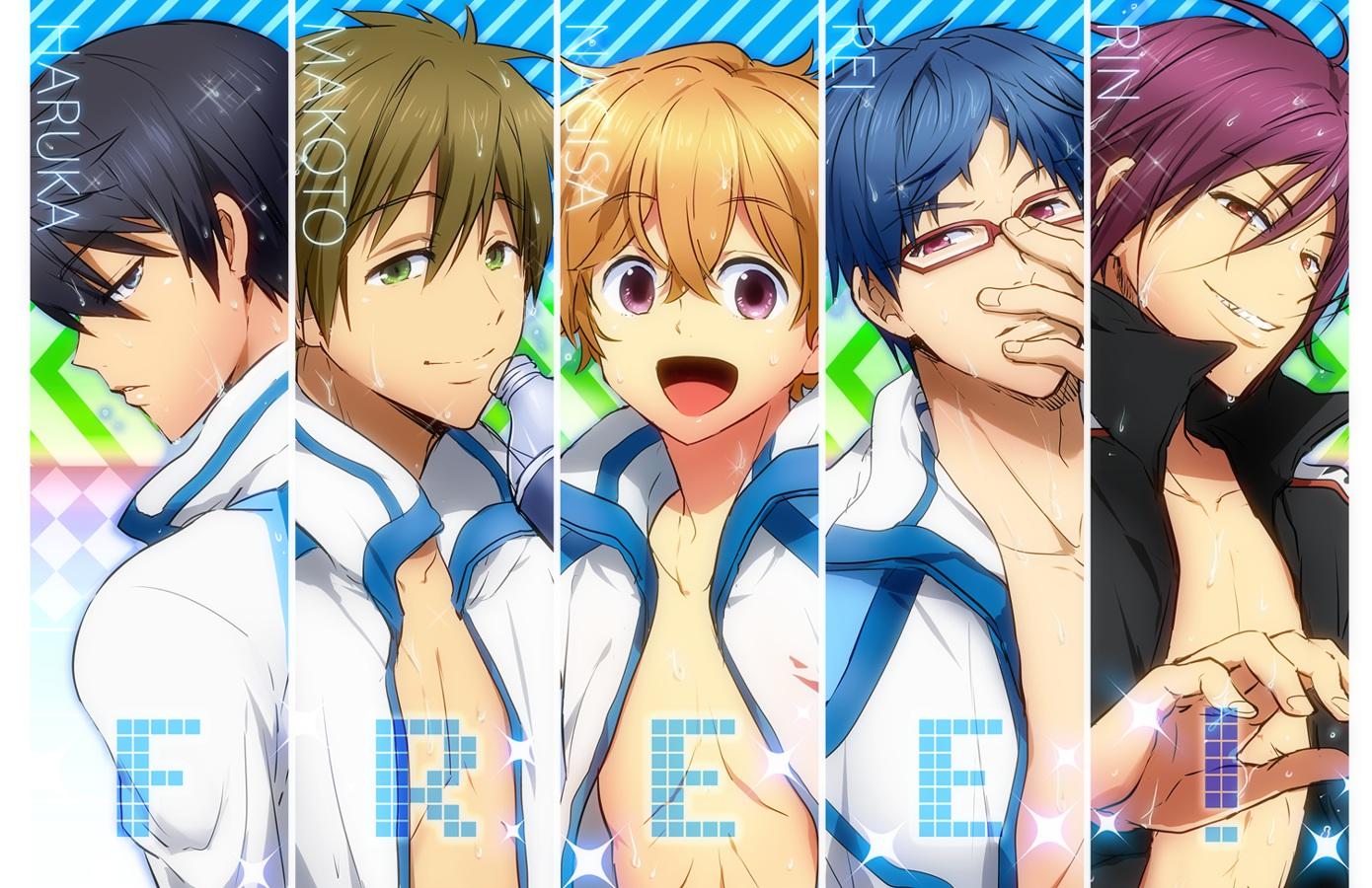 1390x900 all male free! glasses group hazuki nagisa kl male matsuoka rin nanase haruka ryugazaki rei tachibana makoto water wet. konachan.com.com Anime Wallpaper