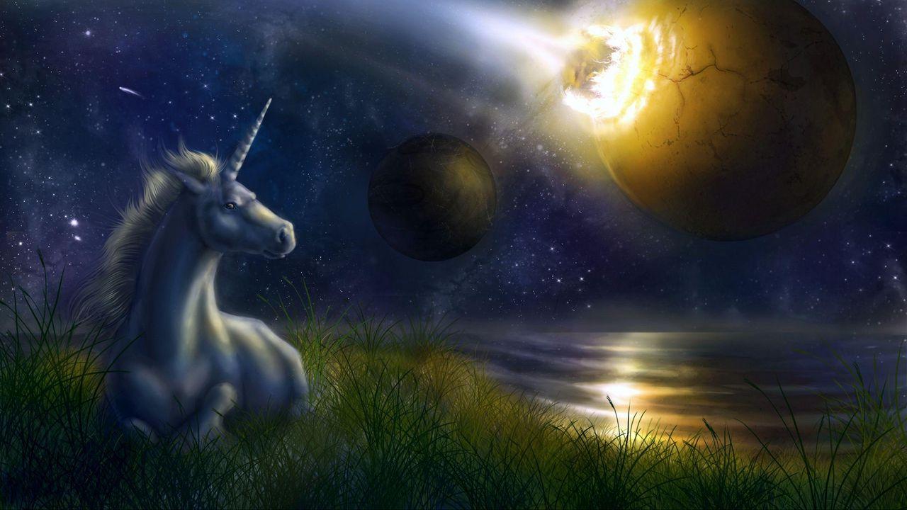 1280x720 Wallpaper unicorn, night, space, planets, collision hd, picture, image