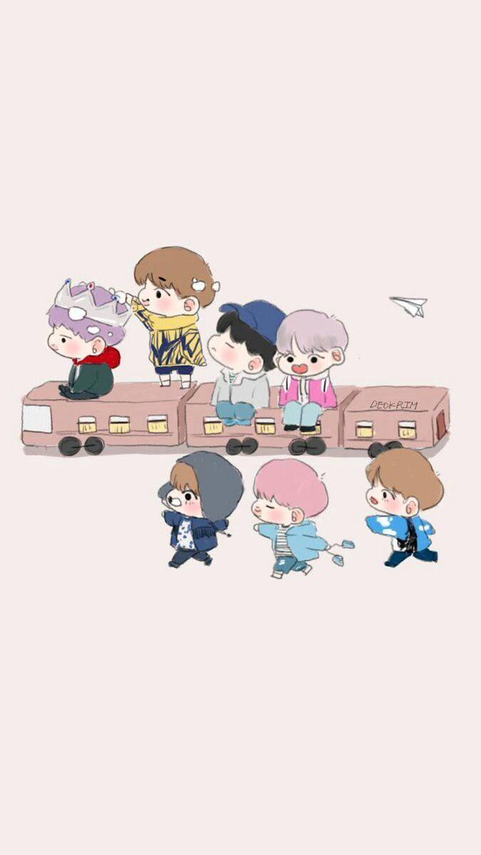 675x1200 Download Bts Cartoon With Train Wallpaper