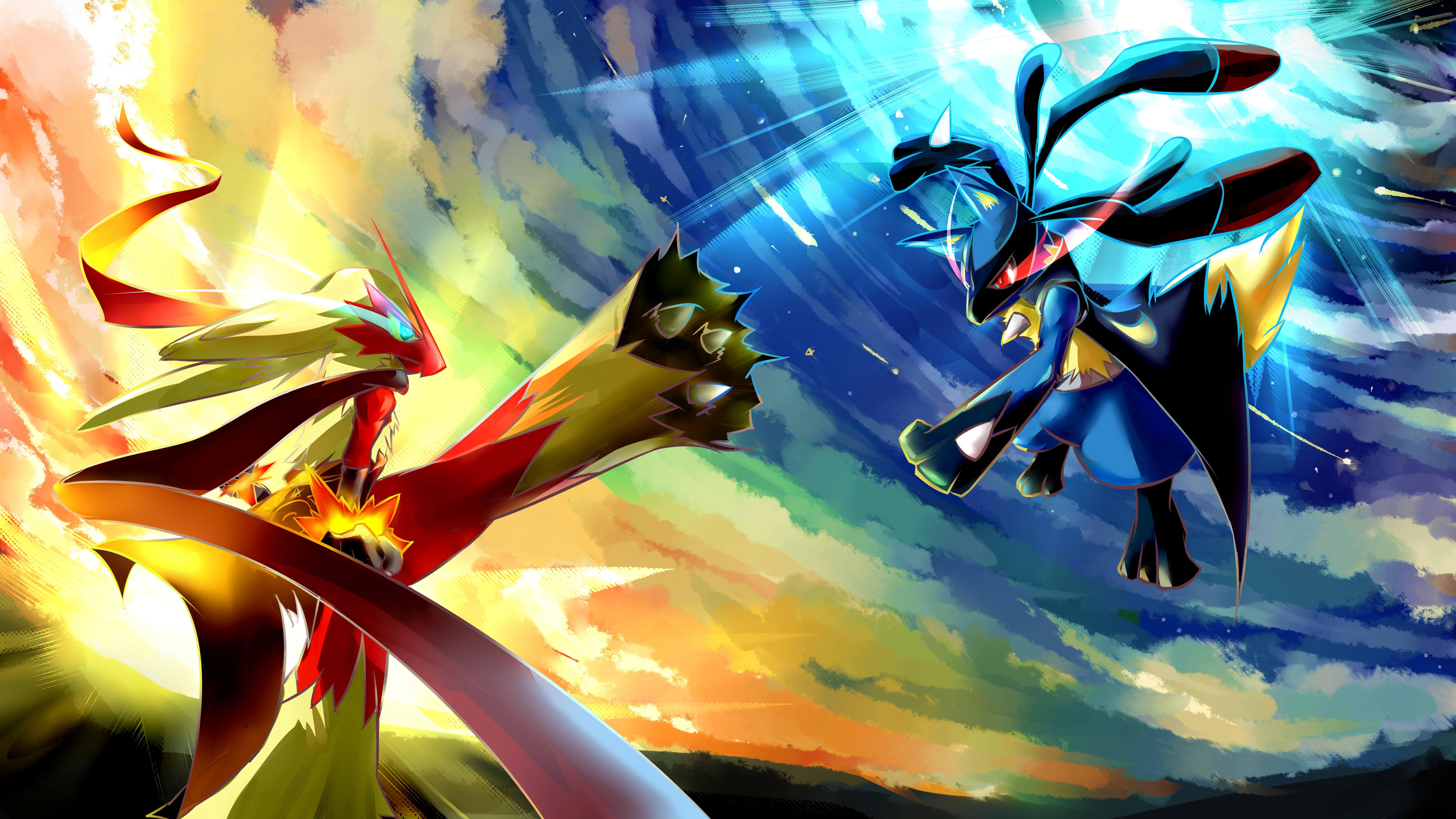 5377x3023 Lucario vs Blaziken Pokémon Anime Wallpaper 4K for Desktop