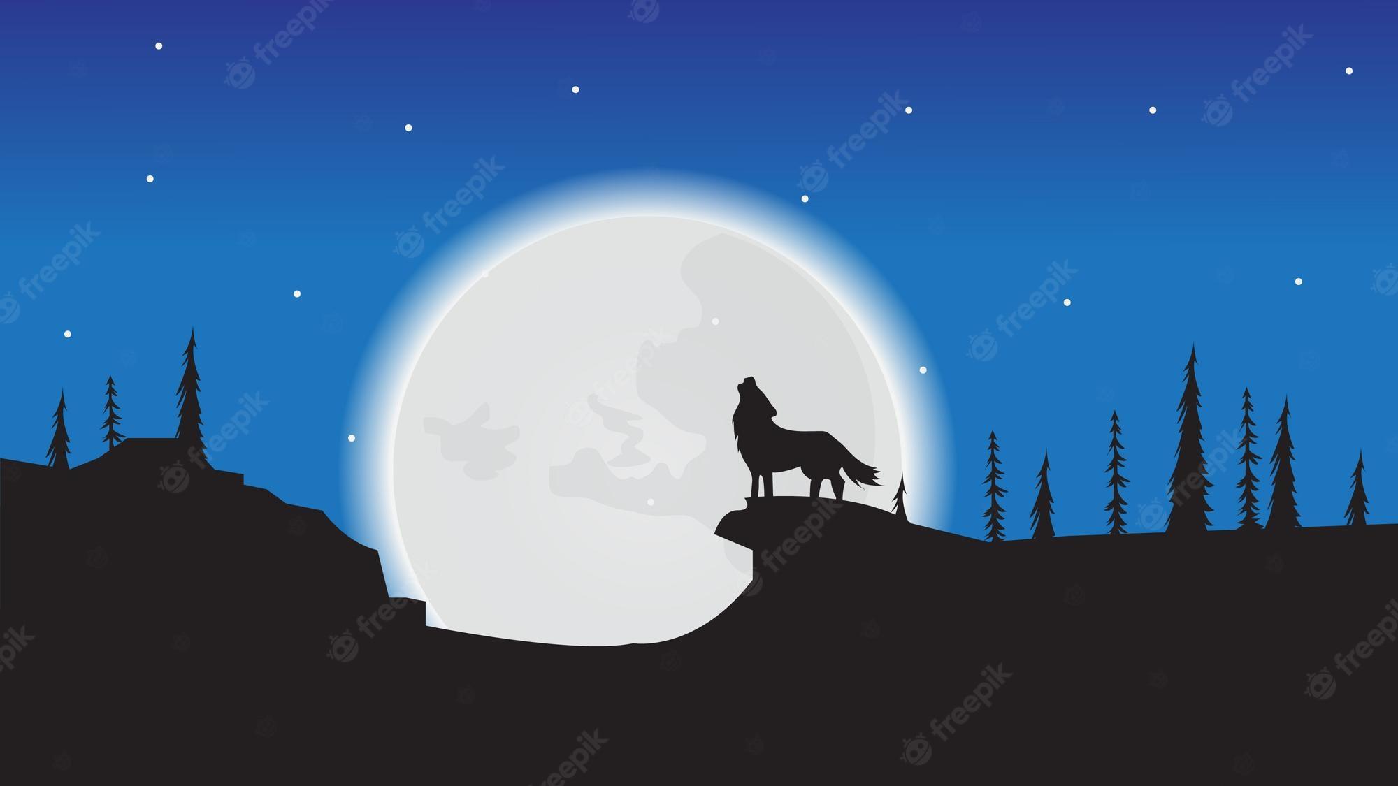 2000x1125 Premium Vector. Night wolf moon wallpaper