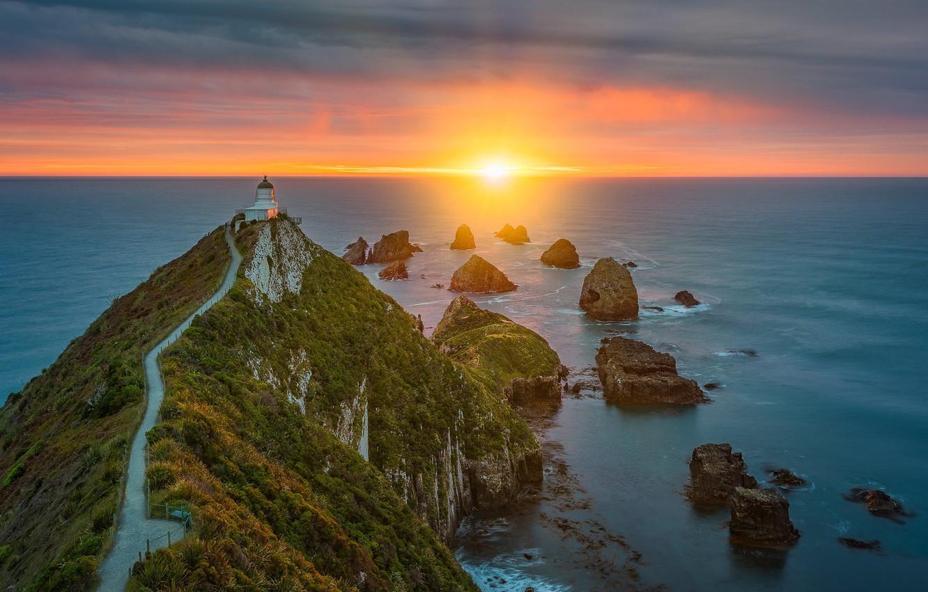 1332x850 Wallpaper sunrise, the ocean, rocks, dawn, coast, lighthouse, morning, New Zealand, Pacific Ocean, New Zealand, Cape, The Pacific ocean, South Island, South island, Otago, Otago image for desktop, section пейзажи