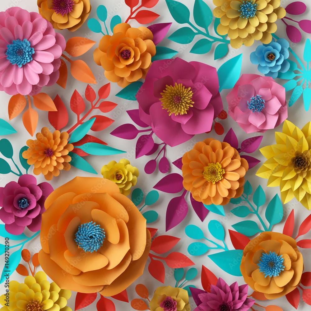 1000x1000 3D render, digital illustration, colorful paper flowers wallpaper, spring summer background, floral bouquet isolated on white, vibrant colors, mint pink orange yellow Stock Illustration