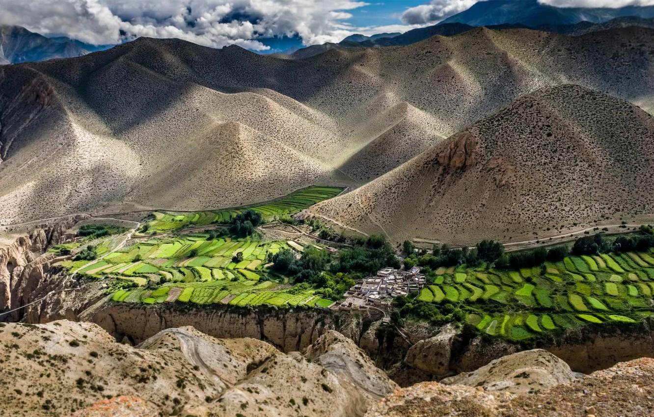 1332x850 Wallpaper mountains, field, village, panorama, Nepal image for desktop, section пейзажи