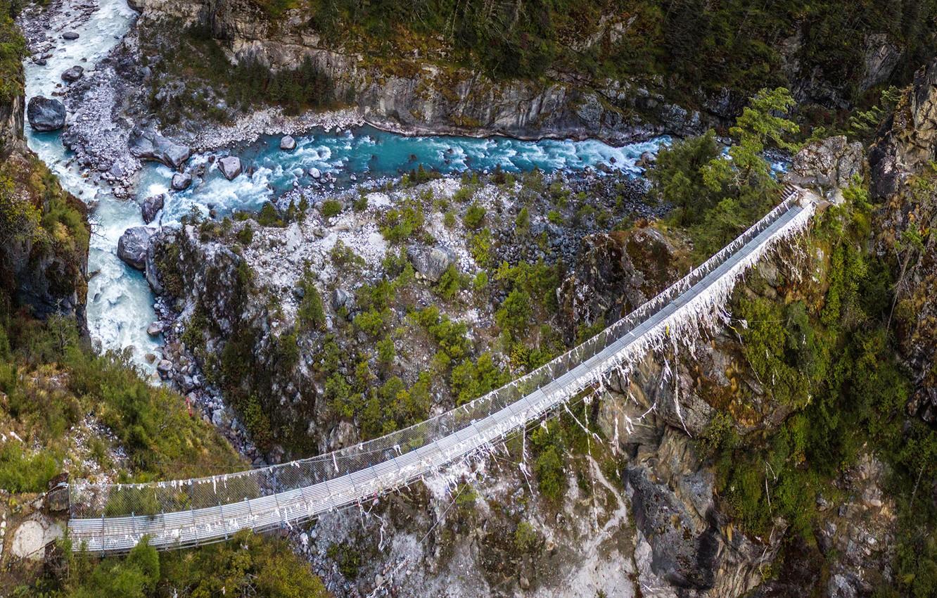 1332x850 Wallpaper forest, trees, mountains, bridge, stones, rocks, river, the view from the top, Everest, suspension bridge, Nepal image for desktop, section природа