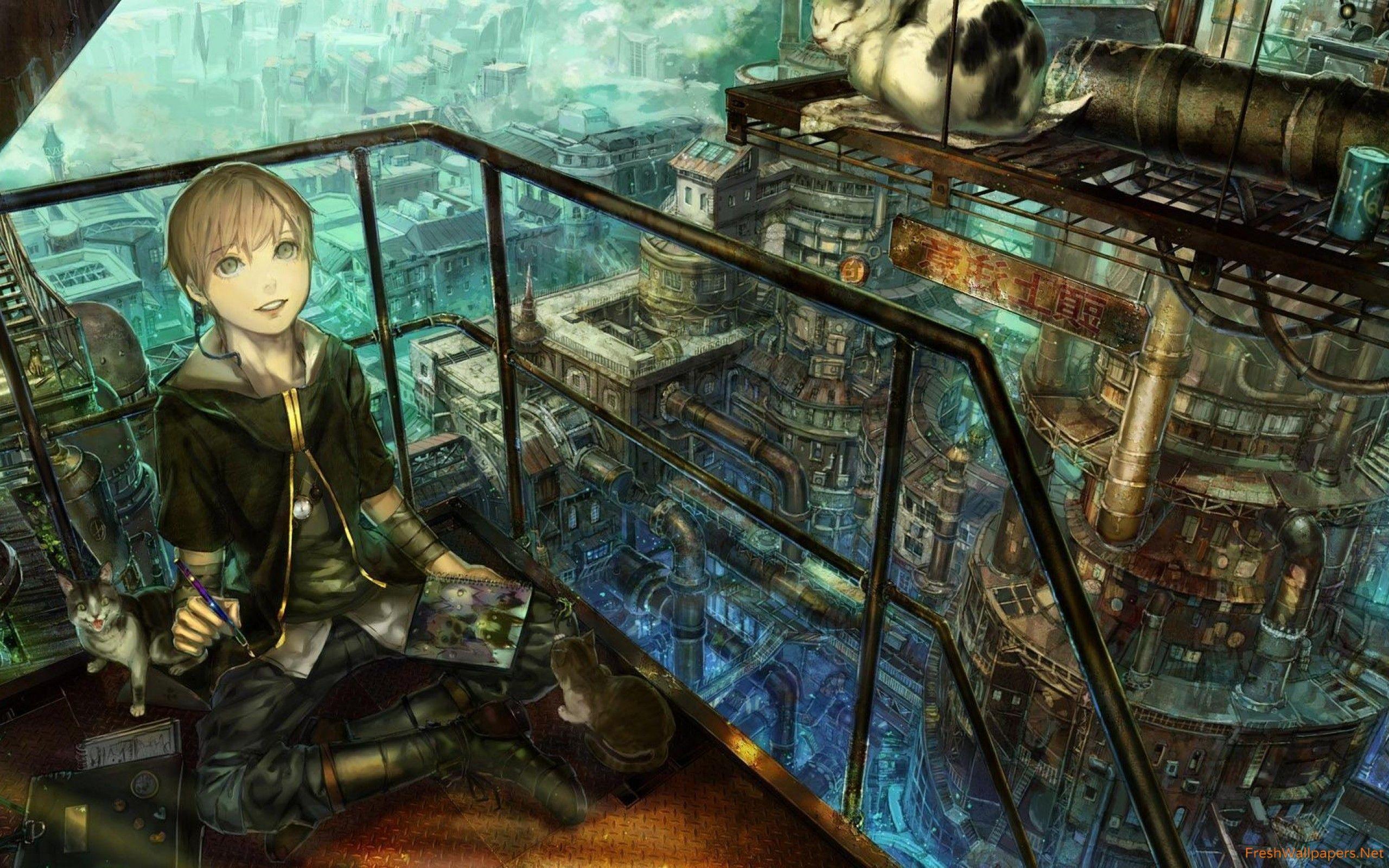 2560x1600 Boy painting a cat in the steampunk city wallpaper