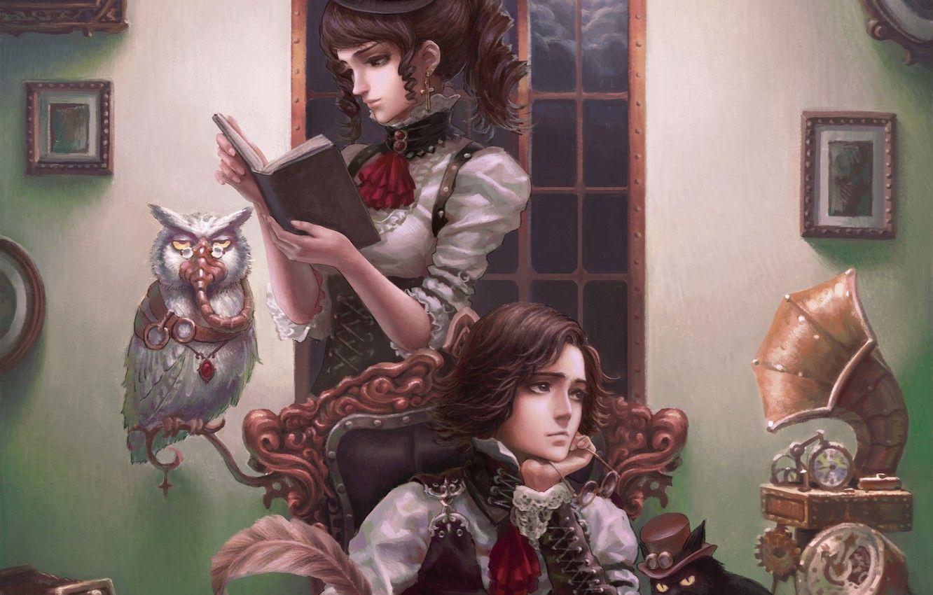 1332x850 Wallpaper cat, girl, owl, picture, steampunk, book, guy, gramophone