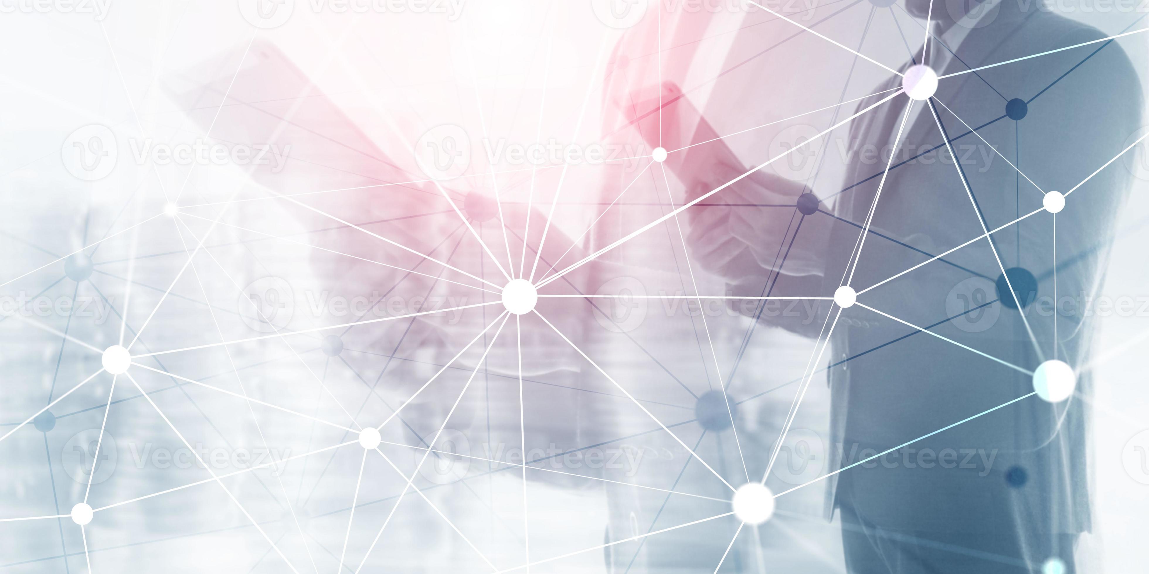 3920x1960 Blockchain network on blurred skyscrapers background. Financial technology and communication concept
