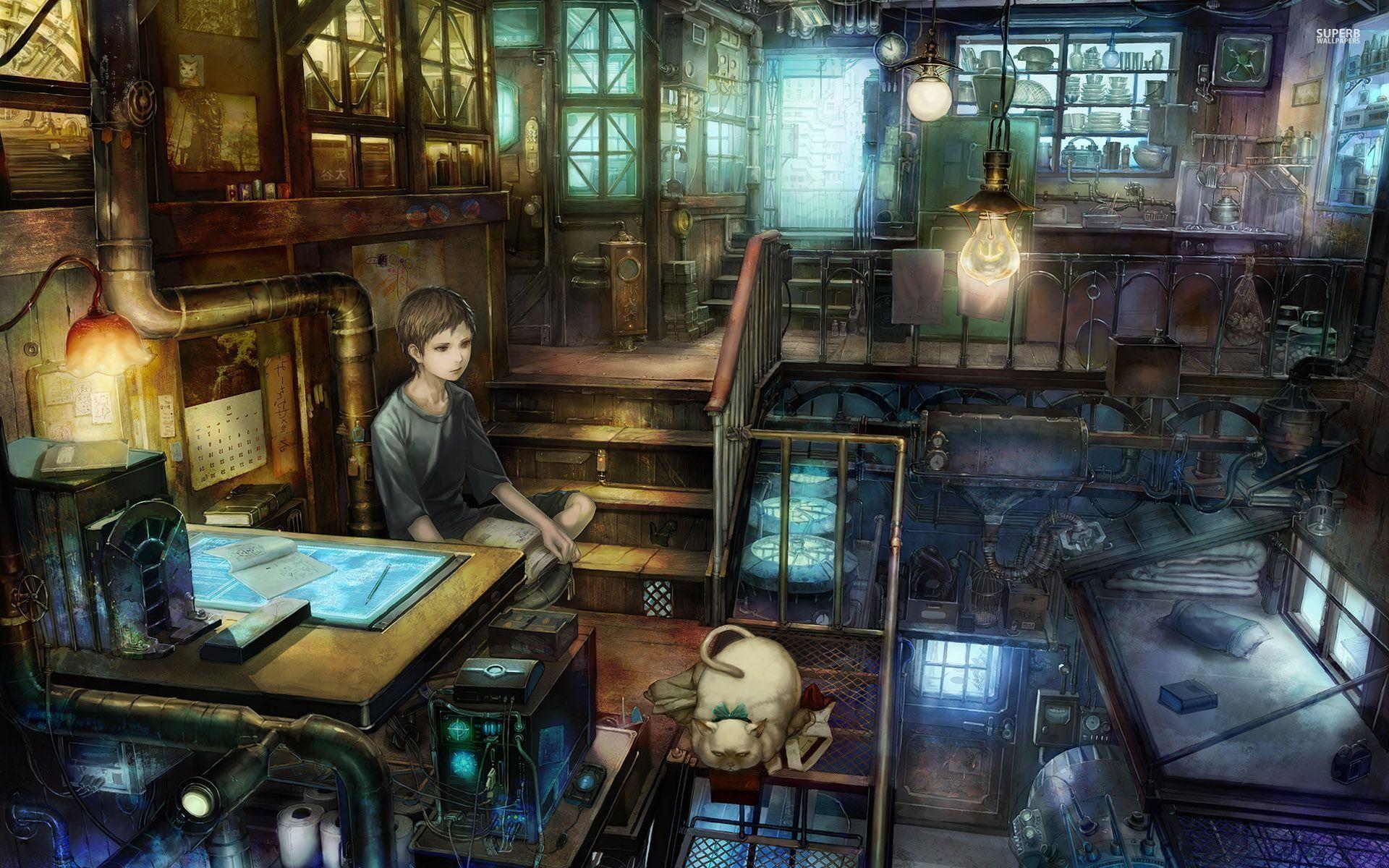 1920x1200 Boy painting a cat in the steampunk city : Desktop and mobile