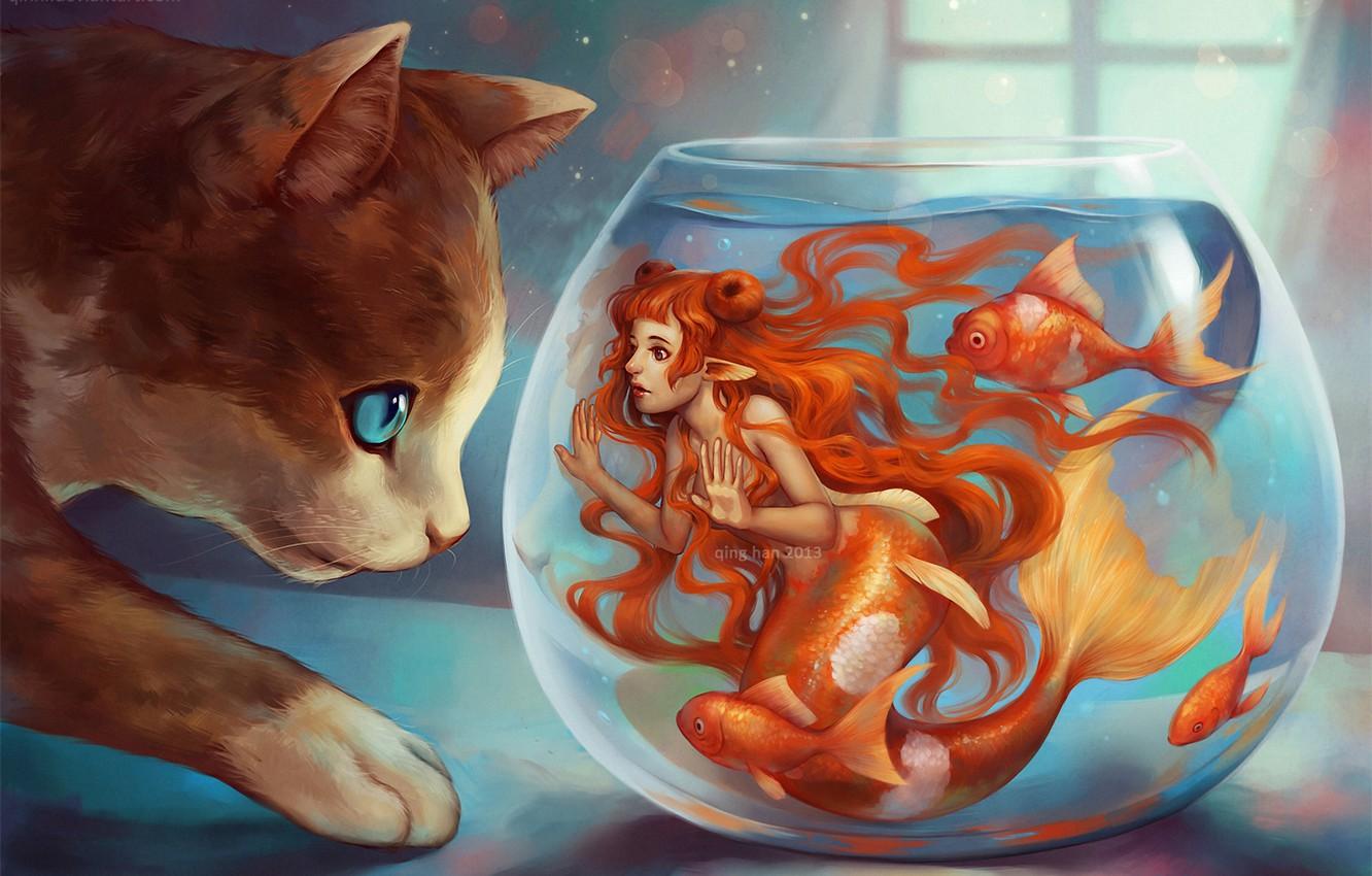 1332x850 Wallpaper cat, fish, mermaid, aquarium, window, art, redhead image for desktop, section разное