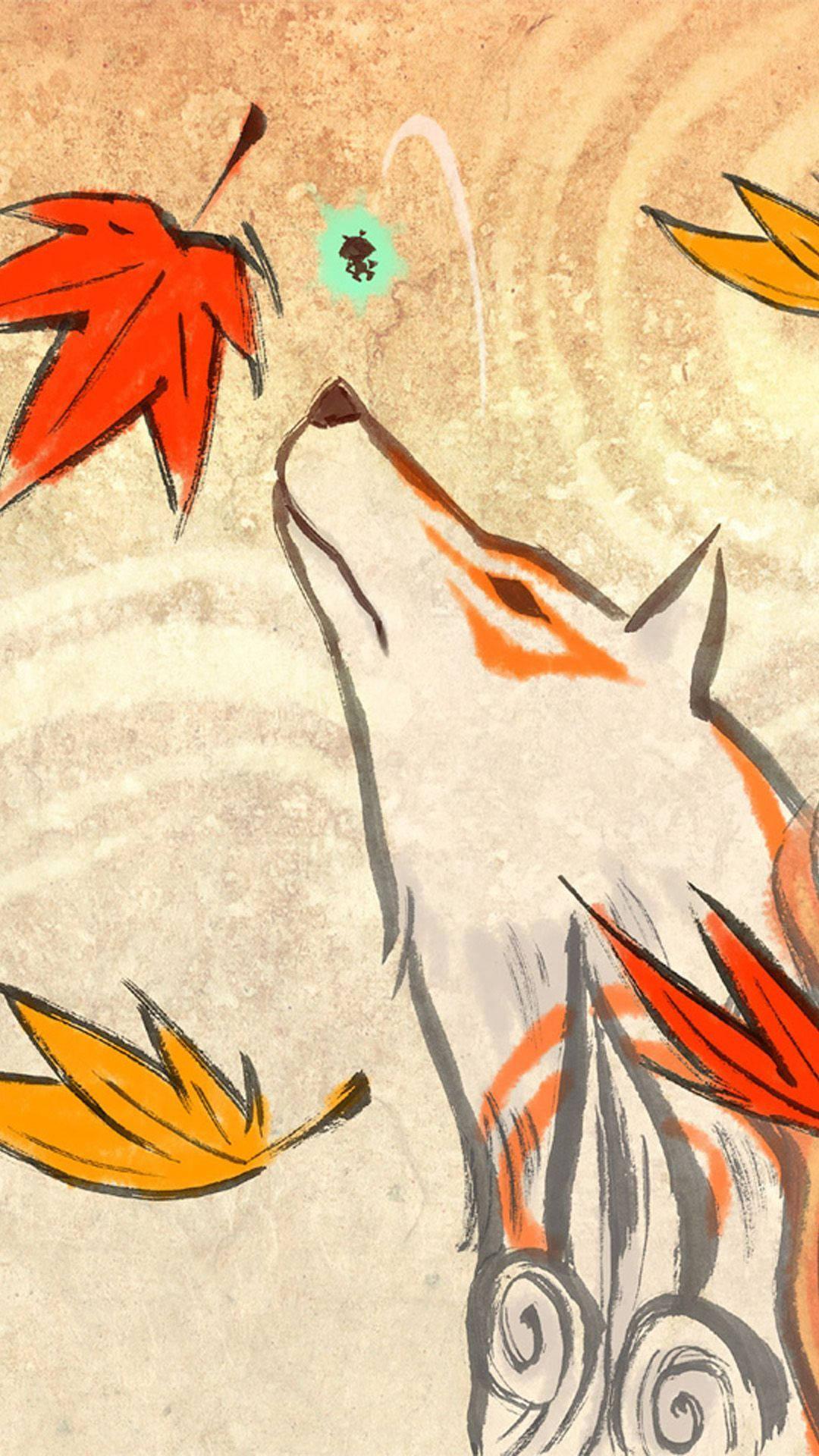 1080x1920 Download Okami And Fall Leaves Phone Wallpaper