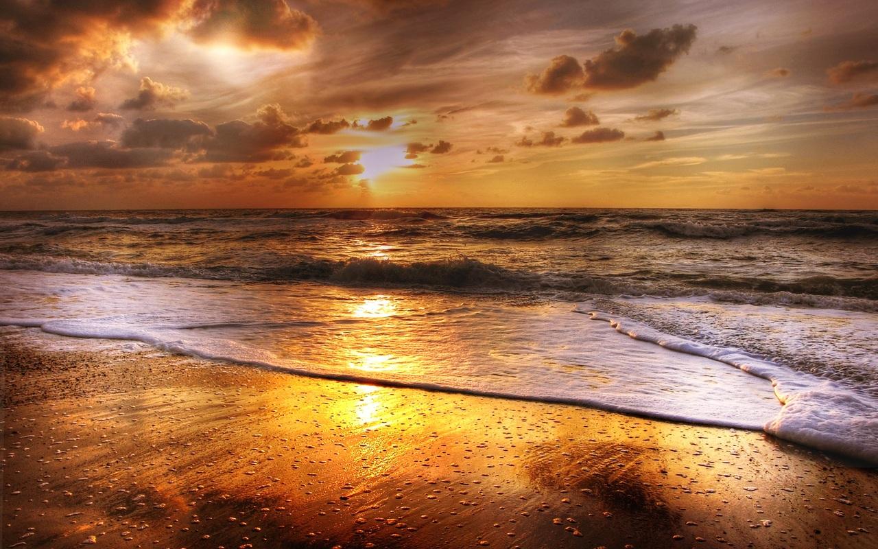 1280x800 Sunset Beach Sea Sun Clouds 720P HD 4k Wallpaper, Image, Background, Photo and Picture