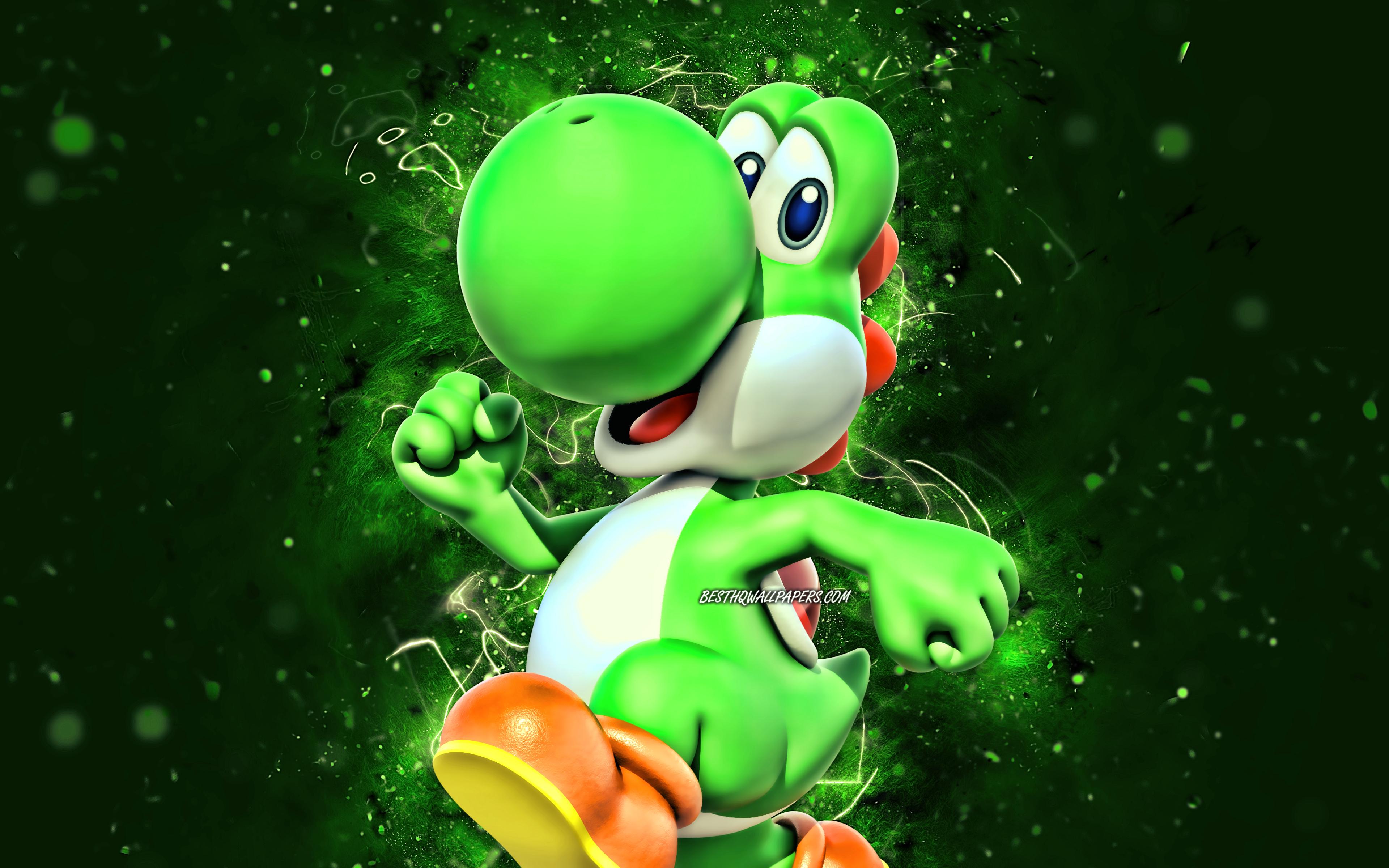 3840x2400 Download wallpaper Yoshi, 4k, dinosaur, green neon lights, Super Mario, creative, Super Mario characters, Yoshi Super Mario for desktop with resolution 3840x2400. High Quality HD picture wallpaper