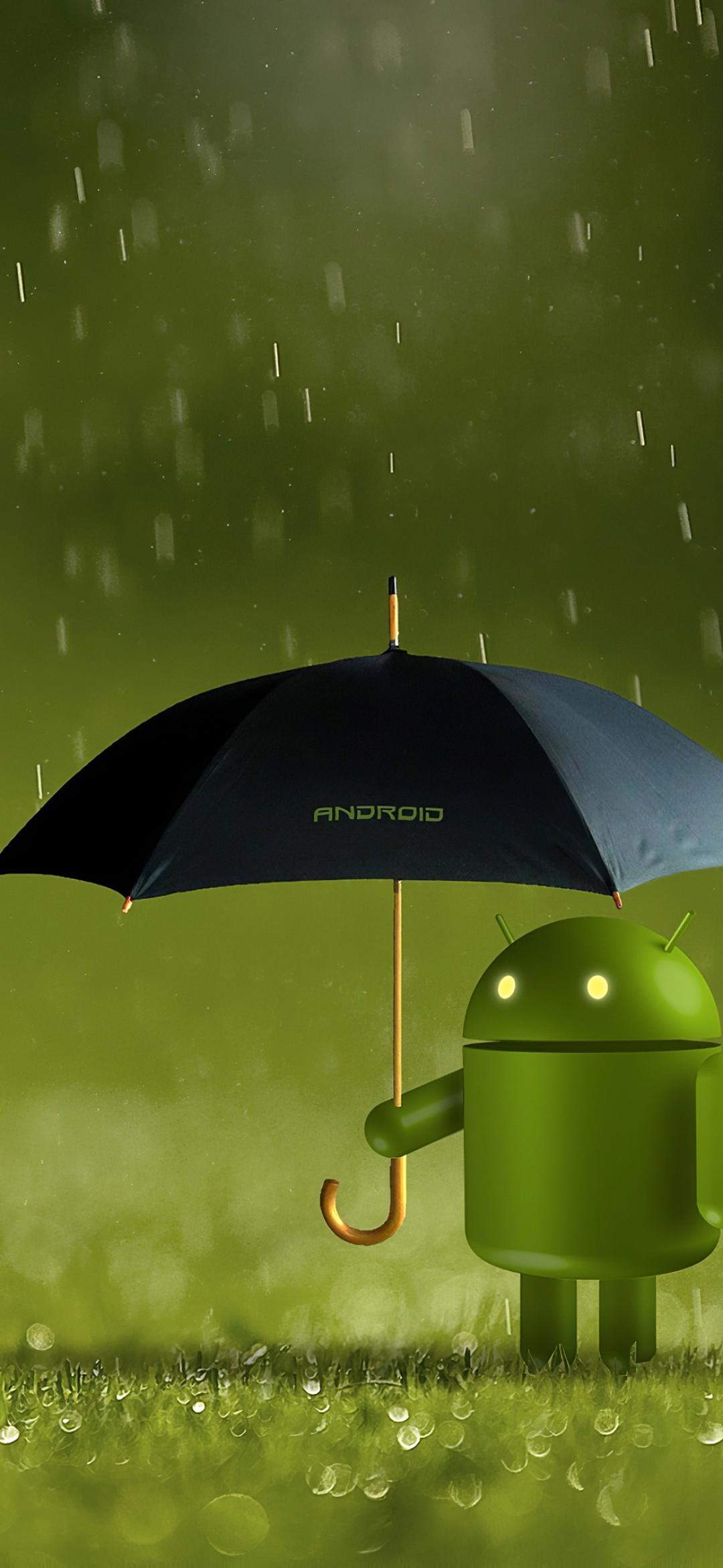 1080x2340 Android logo Wallpaper 4K, Android robot, Umbrella, Rain, Green, Technology